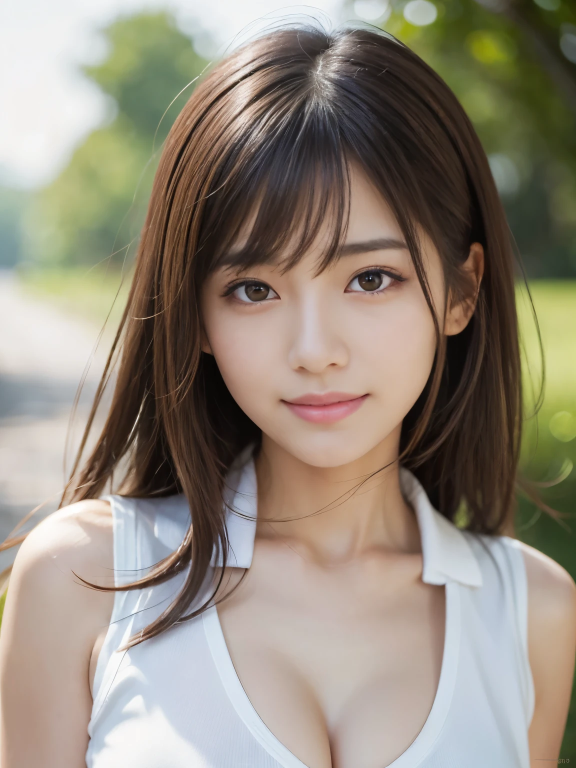 master piece, best quality, ultrahigh res, (photorealistic:1.4), raw photo, 8K photo, Japanese young model, 25 years old, slim face, white polo shirt, blurry background, cleavage, grey eyes, outdoors, look at us with a smile, brown hair,medium hair,asymmetrical hair, asymmetrical bangs, realistic,(natural skin texture, detailed skin, detailed soft eyes, detailed hair, detailed cute lips, hyperrealism, ultra sharpness, intricate details)