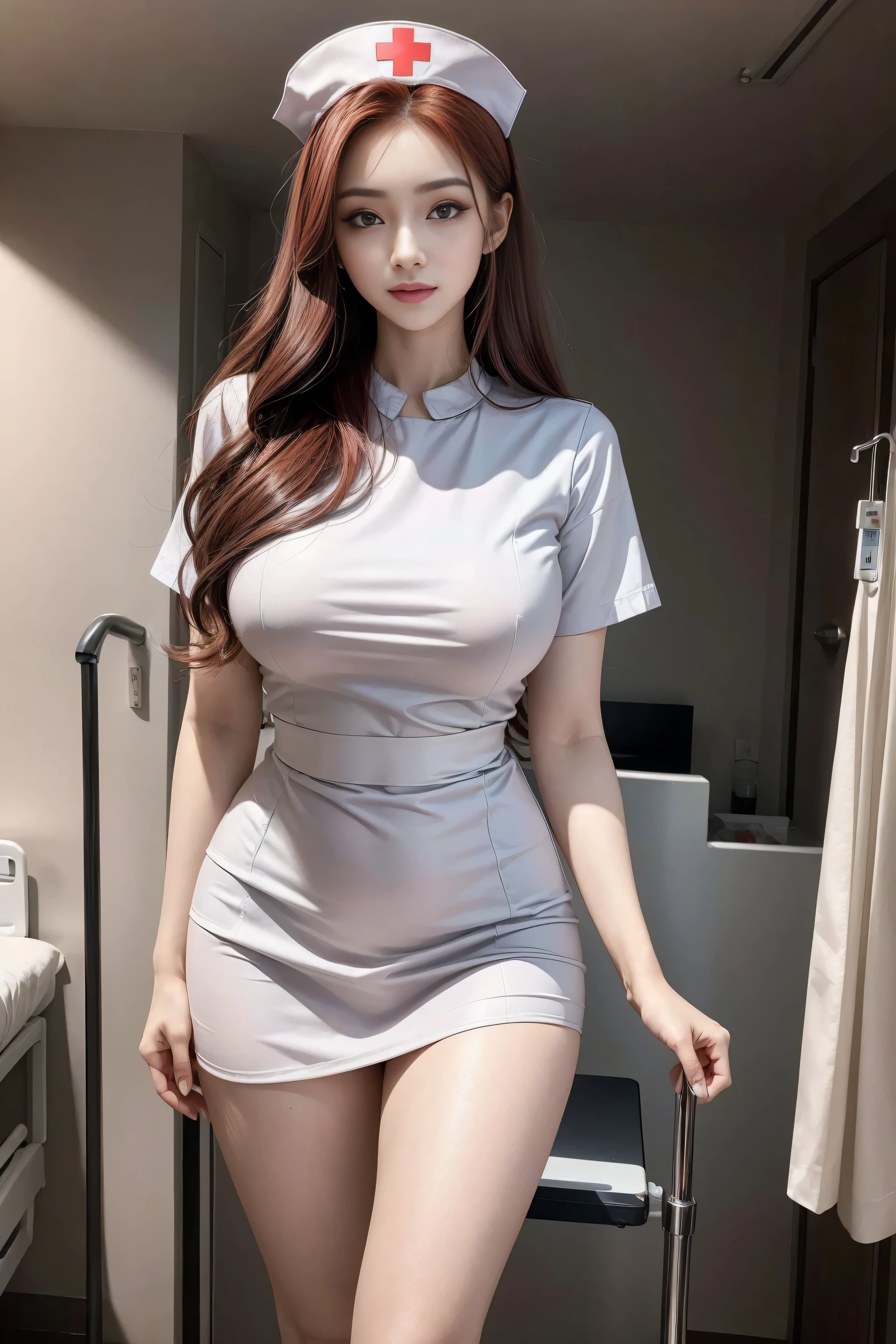(1 终极美女Nurse)、((Realistic lighting, best quality, 8K, masterpiece:1.3)), lock focus:1.2, Beautiful woman with perfect body:1.4, : beautiful korean girl, kpop idol,Leg length,(pale skin), (big eyes),(Smile:0.8),(plump sexy lips), Complex and detailed face, ((Skin is super delicate)),delicate face,Super face slimming,narrow eyes,double eyelids,((dark red hair)),(Nurse:1.3),(Nurse帽:1.3),background: (hospital ward:1.2),,Large depth of field,Super face slimming,narrow eyes,double eyelids,(start from below:1.attitude,(medium bust:1.2),Sexy long legs, (Thigh clearance:1.5),wide hips,S-shaped body, Hips raised,Leg length,front whole body proportion,
