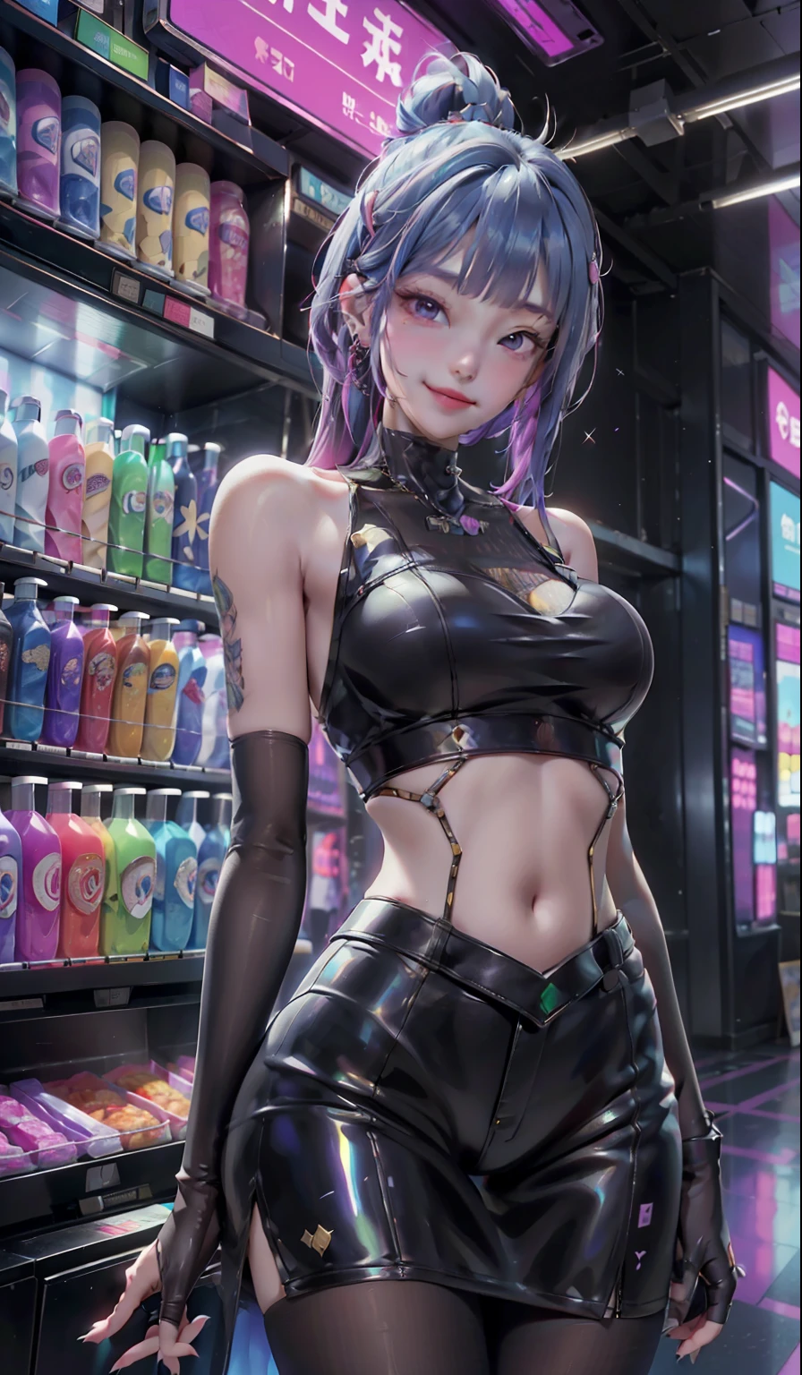 1girl,uchikake,smile,wallpaper,cyberpunk,ban,panorama,vending_machine,