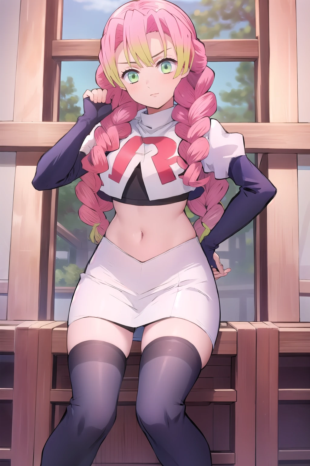 (masterpiece, best quality), intricate details,
1girl, MitsuriKanroji, team rocket,team rocket uniform, red letter R, white skirt,white crop top,black thigh-highs,black elbow gloves