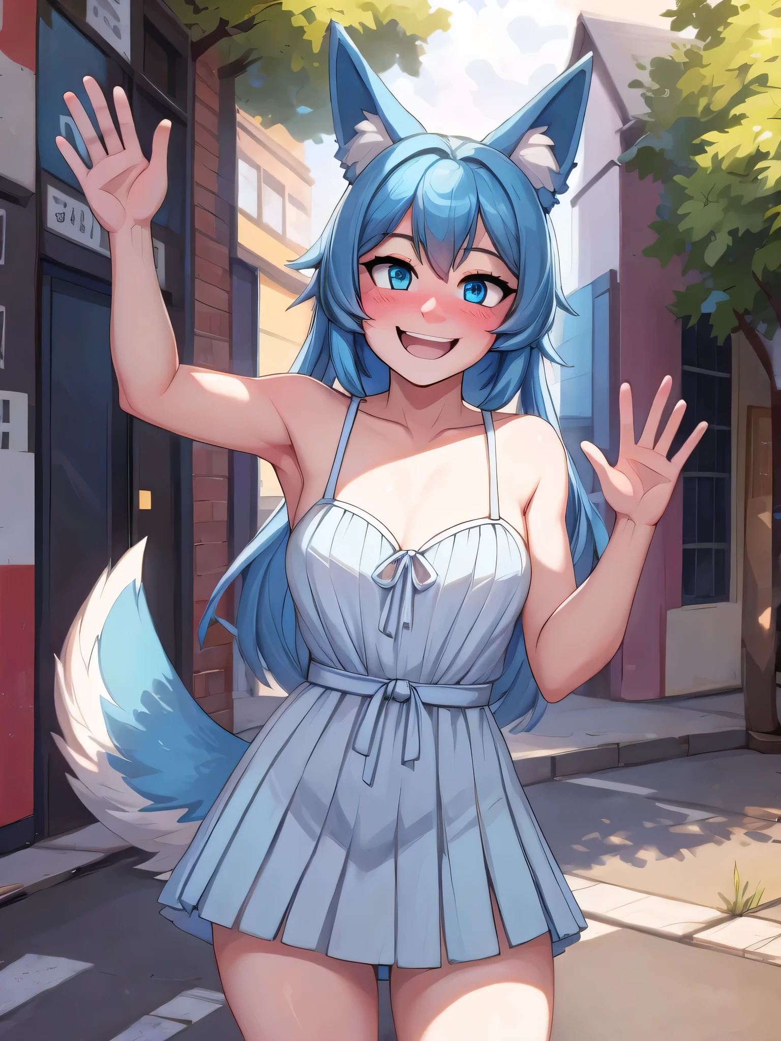 (Masterpiece) (High Detail) (High Res) A Short slim Humanoid Girl with pale human skin and blue eyes and long blue hair and blue dog ears and a fluffy blue dog tail and medium breasts. She is wearing a white pleated summer dress and is waving one hand to the viewer. She is smiling happily and is blushing slightly. She looked happy. She is outside on the street.