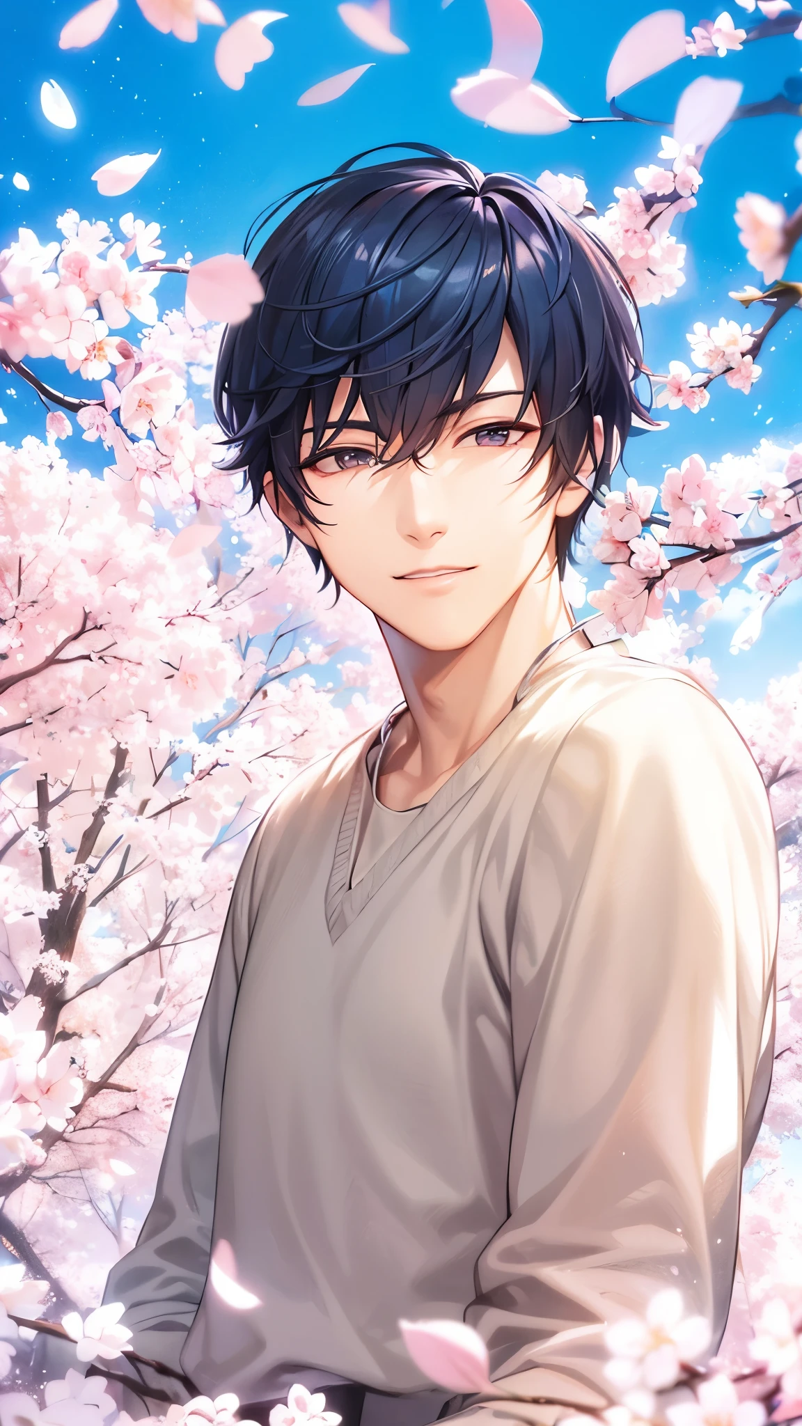 a handsome guy、serious expression、please close your mouth、cherry blossoms、cool look、Highly Detailed CG Unity 8K Wallpaper, (super masterpiece, beautiful person, well detailed face polluted smile, It's photorealistic, hyper realistic)Adult and cool
