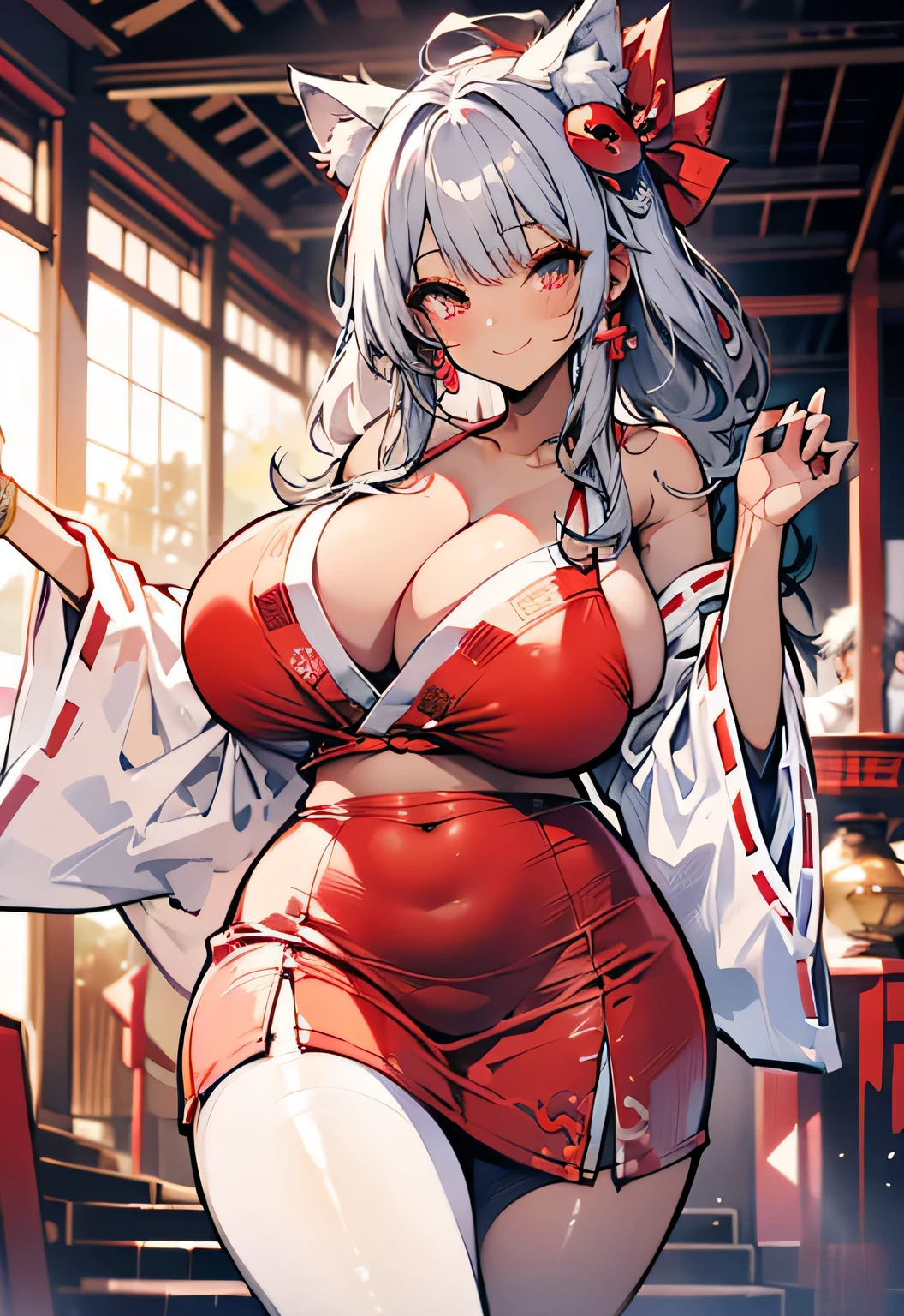 Erotic Anime Illustration、High resolution、A plump shrine maiden with dark skin smiling、Primitive costume、gray hair、perfect proportions、reimu hakurei、Overwhelming big breasts that go beyond common sense、thick legs with fat、big shrine、cowboy shot、Kagura dance