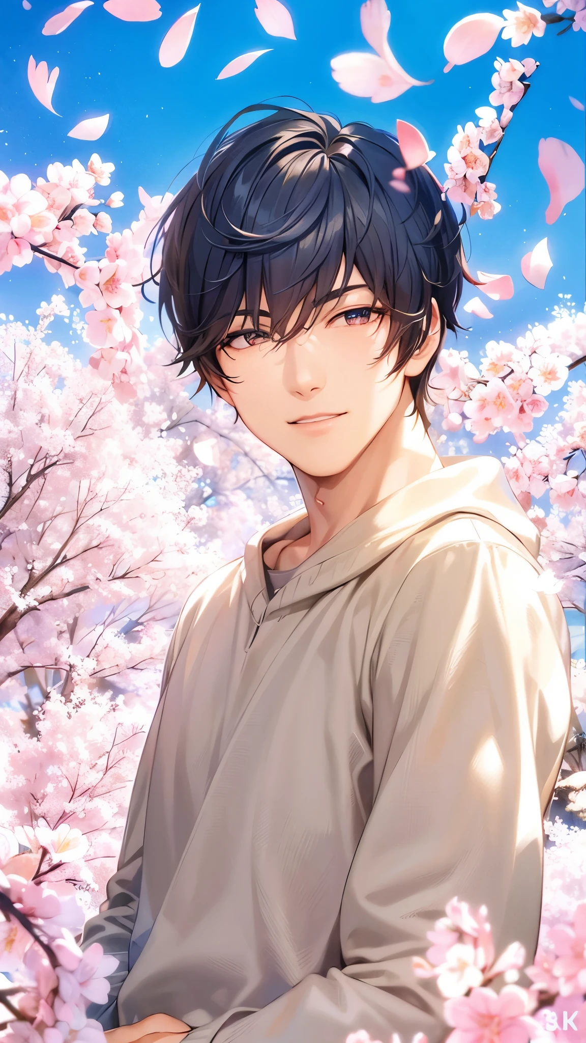 a handsome guy、serious expression、please close your mouth、cherry blossoms、cool look、Highly Detailed CG Unity 8K Wallpaper, (super masterpiece, beautiful person, well detailed face polluted smile, It&#39;s photorealistic, hyper realistic)Adult and cool