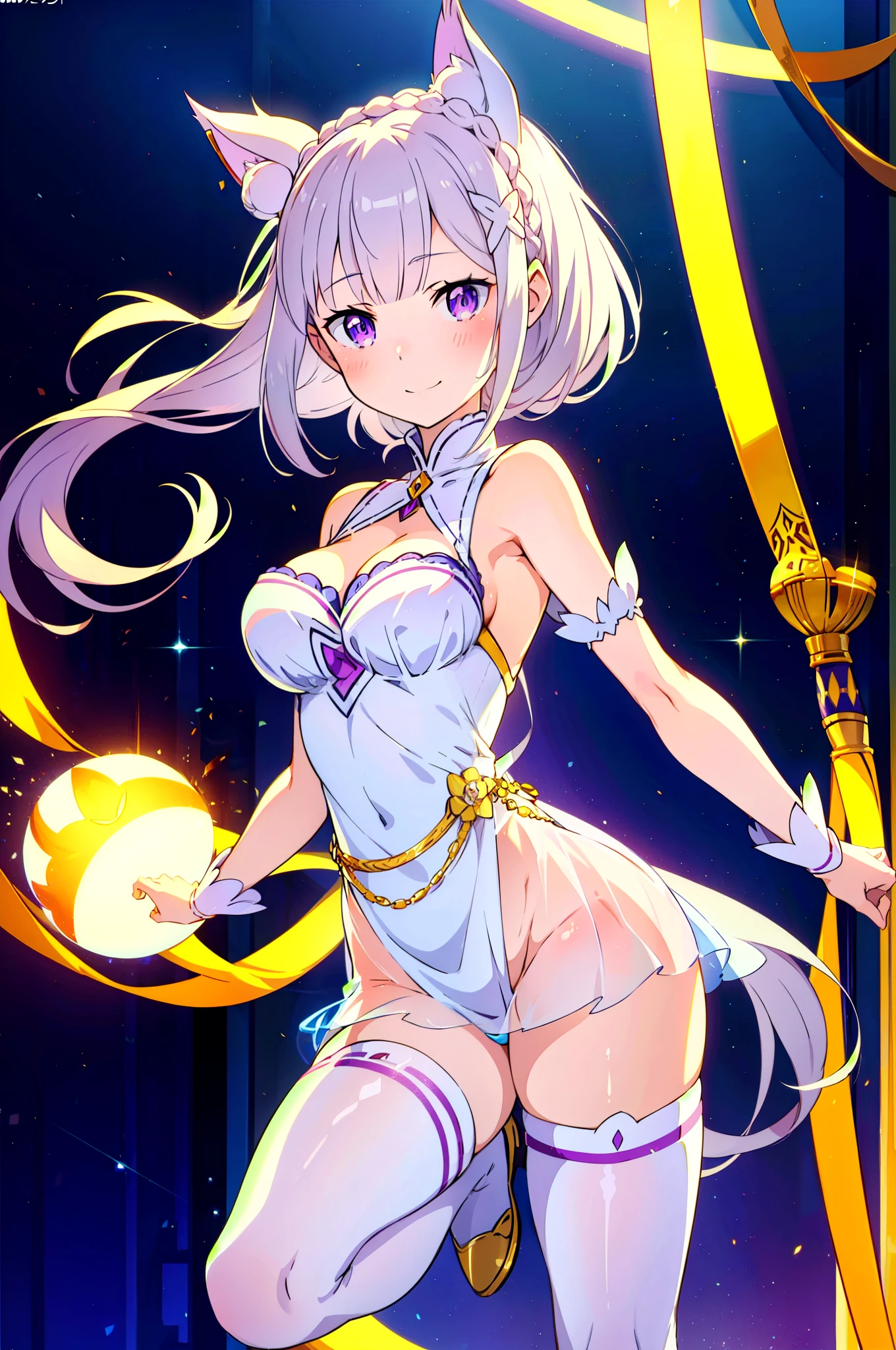 Masterpiece, top quality anime illustration, super detailed, single girl, solo, beautiful girl with silver hair, Emilia re:zero, purple eyes, Emilia, crown braid, x hair ornament, flower hair ornament, white hair, very long hair, medium breasts, anime, cat ear , pale golden see-through dancer costume, smile, cleavage enhancement, lower breast emphasis on bare skin, thigh focus, night color