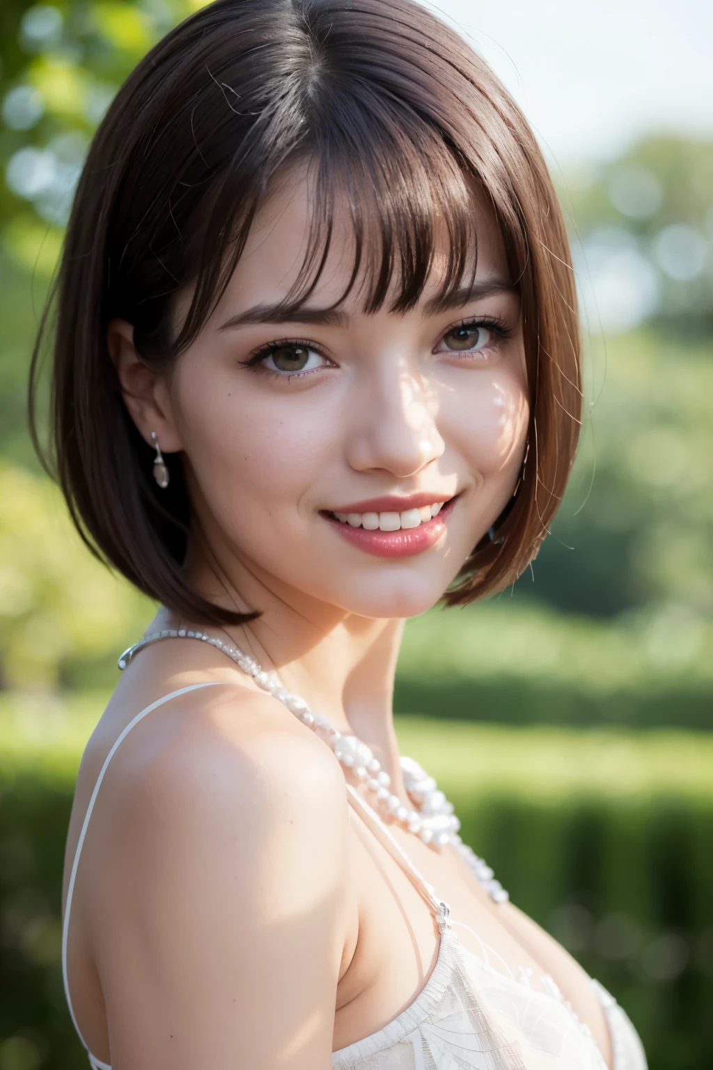 (8K, best quality, masterpiece:1.2), (real, realistic:1.37), unit, very delicate and beautiful, very detailed, amazing, exquisite details, masterpiece, best quality, official art, disorganized person, incredibly absurd, Beautiful One Girl, very detailed eyes and faces, Beautiful detailed eyes, facial light, nose becomes red, ((1 girl)), Brown-eyed, red lips, eye_compensate, short hair, beaver_cut, straight hair, headless, earrings, medium breasts, cleavage, shiny skin, outdoor, professional lighting, detailed shadow, sharp_concentrated, Supermodel, laughter, Pause