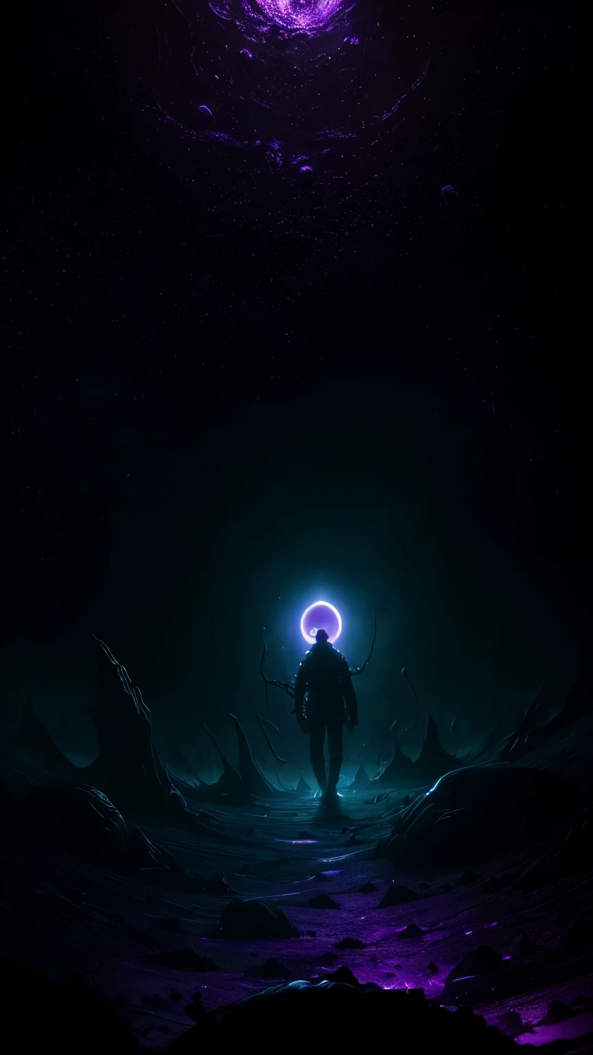 cosmic horror cinematic artwork by (HP lovecraft), pschycological, unkow fear,silhouetes, extreme shadows, a dead astronaut on a inospid landscape, myterious, tentacles, impostor, glowing eyes, aura, the feeling of being watched,a powerful creature, purple lighting, dynamic, (low angle:1.4)