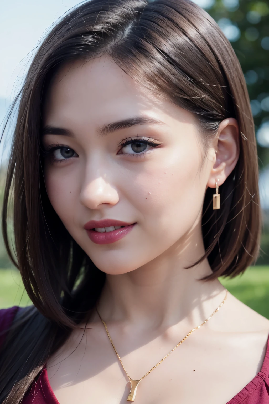 (8K, best quality, masterpiece:1.2), (real, realistic:1.37), unit, very delicate and beautiful, very detailed, amazing, exquisite details, masterpiece, best quality, official art, disorganized person, incredibly absurd, Beautiful One Girl, very detailed eyes and faces, Beautiful detailed eyes, facial light, nose becomes red, ((1 girl)), Brown-eyed, red lips, eye_compensate, short hair, beaver_cut, straight hair, headless, earrings, medium breasts, cleavage, shiny skin, outdoor, professional lighting, detailed shadow, sharp_concentrated, Supermodel, laughter, Pause