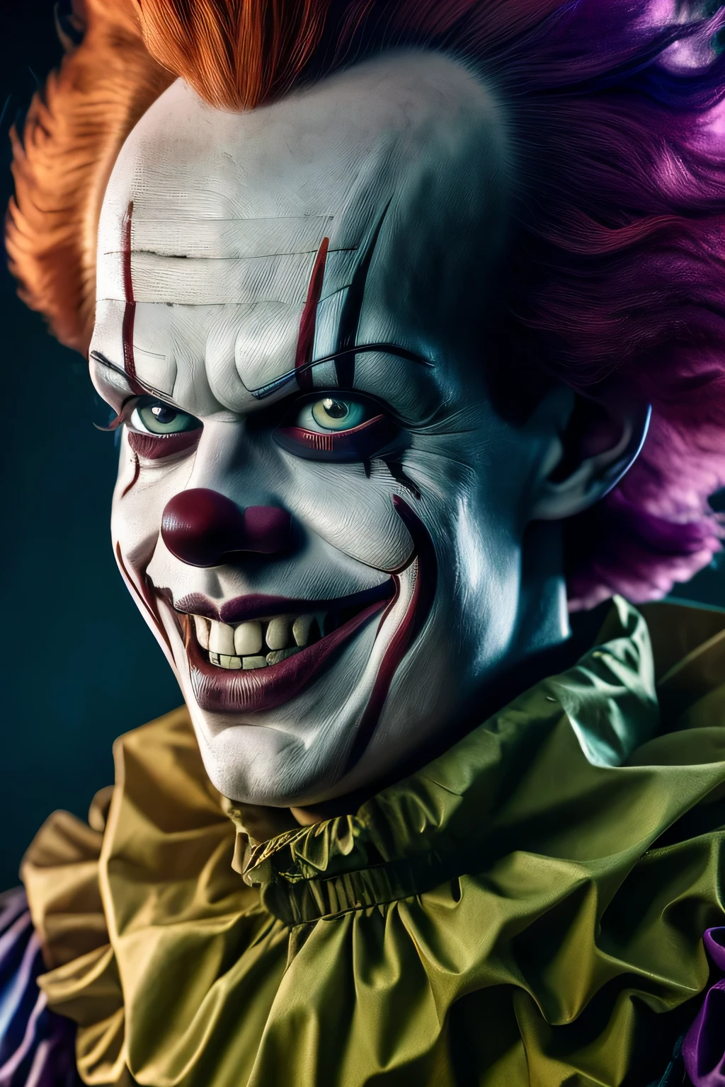 Bill Skarsgård as Pennywise Cyberpunk,8k obra de arte, Melhor qualidade, alta qualidade, extremamente detalhado CG unity 8k wallpaper, profundidade de campo, HDR,,fotorrealista,extremamente detalhado, intricado, clown
