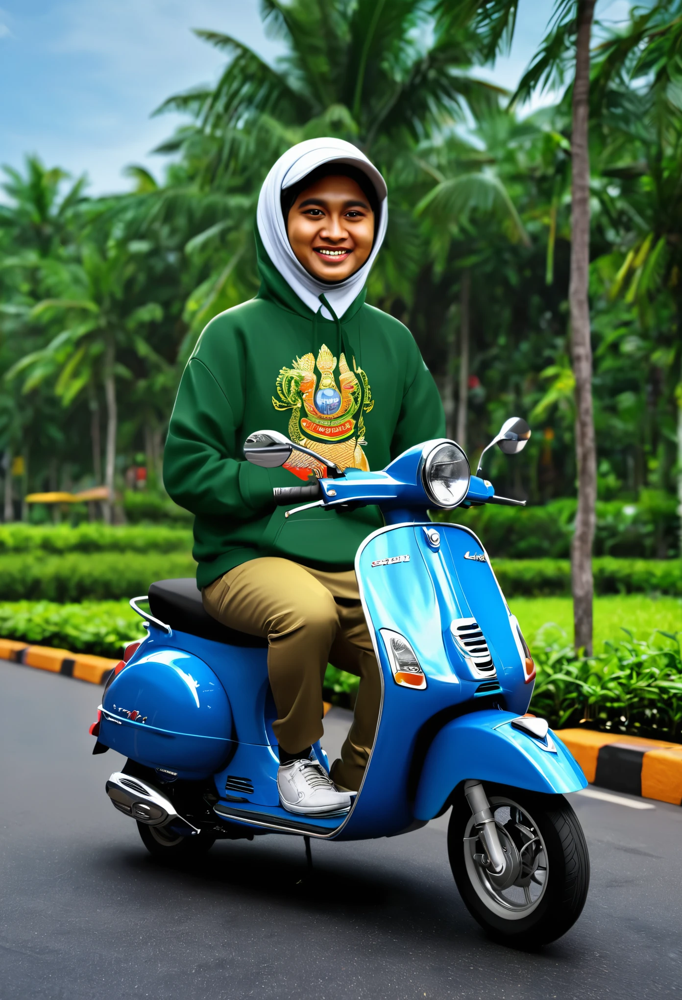 Foto karikatur 3D seorang Santri pakai Songko hitam, memakai hoodie bertuliskan Salman, mengendarai motor vespa klasik di jalan aspal, dengan background pondok pesantren Sidogiri, gambar realistis, detail full ultra hd. Gunakan penyaji RenderMan. 3D. seni digital. Definisi tinggi, kontras tinggi, saturasi warna tinggi.