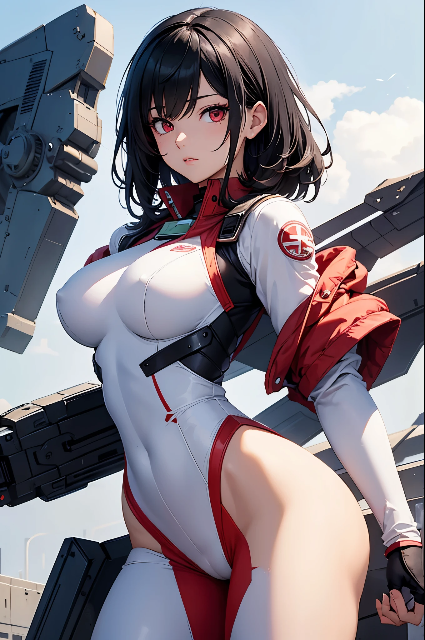 highest quality、black hair、shortcut、Beautiful woman、25age、model、red eyes、raise your chin、bend one's body、look down at the viewer、white pilot suit、gundam、Aina、breast enhancement、anime touch、hand drawn、