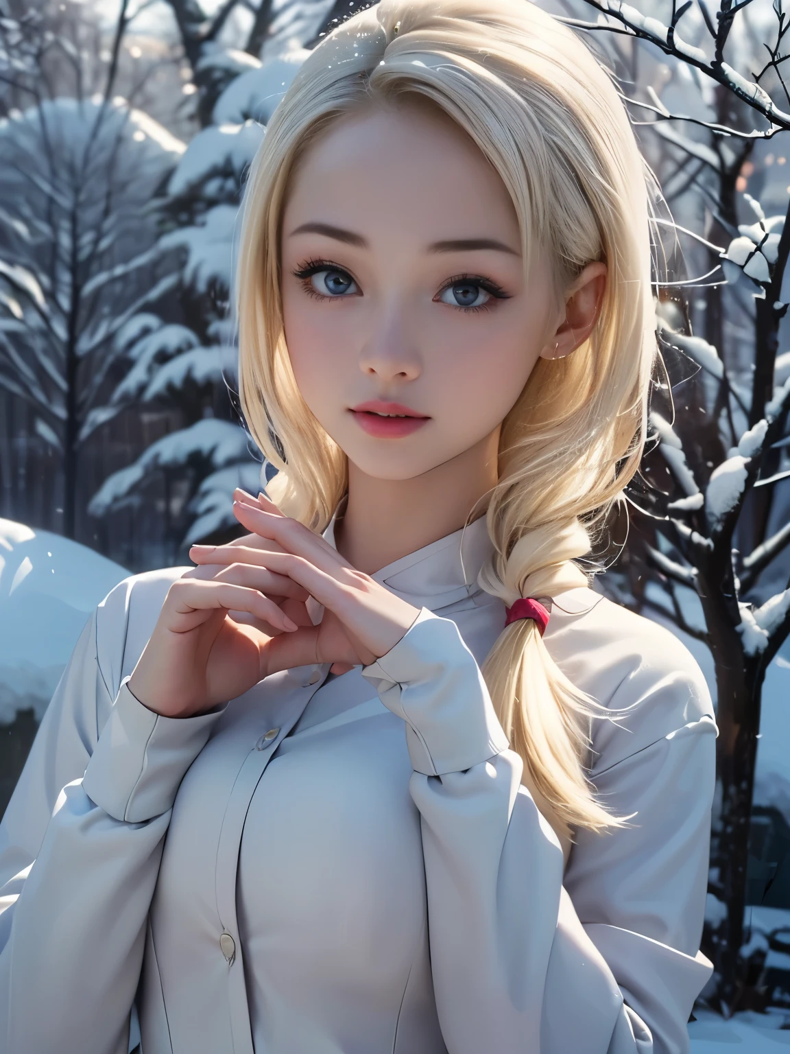 (highest quality, 8k, High resolution, realistic:2.0), (((alone, one girl:2.0))),(lit: front),(lit: strong),(ultimate beautiful girl:2.0),(shiny skin),(oily skin),(platinum blonde hair:1.3),(straight long hair:2.0),blush brown makeup , dark eye makeup , use pink glossy lipstick,(girl with big beady eyes:1.5),((round face, smile, big breasts,big ass))、flushed complexion、((upper body portrait)) 、((snowy winter outdoors))、(anatomically correct)、(perfect body proportions)、 ((perfect hands))、 (((perfect fingers)))、(oily skin:1.5)、