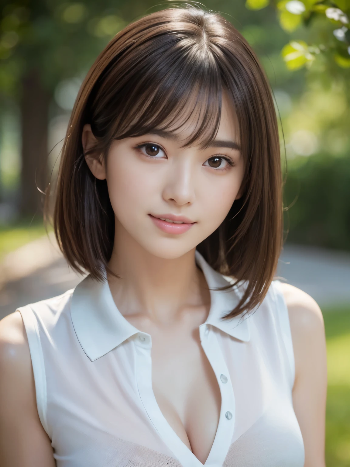 master piece, best quality, ultrahigh res, (photorealistic:1.4), raw photo, 8K photo, Japanese young model, 25 years old, slim face, white polo shirt, blurry background, cleavage, grey eyes, outdoors, look at us with a smile, brown hair,medium hair,asymmetrical hair, asymmetrical bangs, realistic,(natural skin texture, detailed skin, detailed soft eyes, detailed hair, detailed cute lips, hyperrealism, ultra sharpness, intricate details)