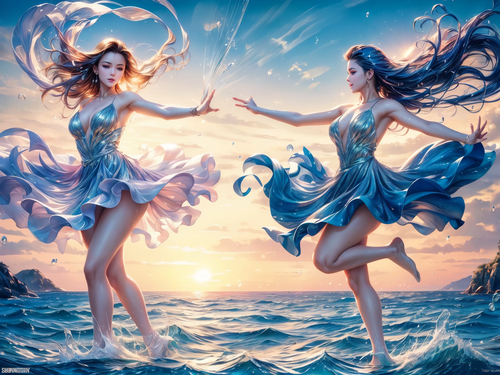 (best quality,4k,highres,masterpiece:1.2),ultra-detailed,(realistic,photorealistic,photo-realistic:1.37), vibrant colors, dynamic lighting, (watercolor, oil painting:1.2), people dancing on the sea surface, sparkling waves, joyful expressions, flowing dresses, graceful movements, (sunset, golden hour:1.1) ambiance, (reflection, mirror-like:1.1) sea, (seabirds, seashells:0.9), energetic choreography, (splashing, water droplets:1.1), harmonious group synchronization, (jumping, leaping:1.1), rhythmic music, (breezy, windy:0.9) atmosphere, (sleek, elegant:1.1) dance poses, (shimmering, glimmering:1.1) dresses, (mesmerizing, enchanting:1.1) sea view, (dramatic, captivating:1.1) sky, (dynamic, energetic:1.1) composition, (joyful, celebratory:1.1) movements, (twirling, spinning:1.1) figures, (splendid, magnificent:1.1) scene.