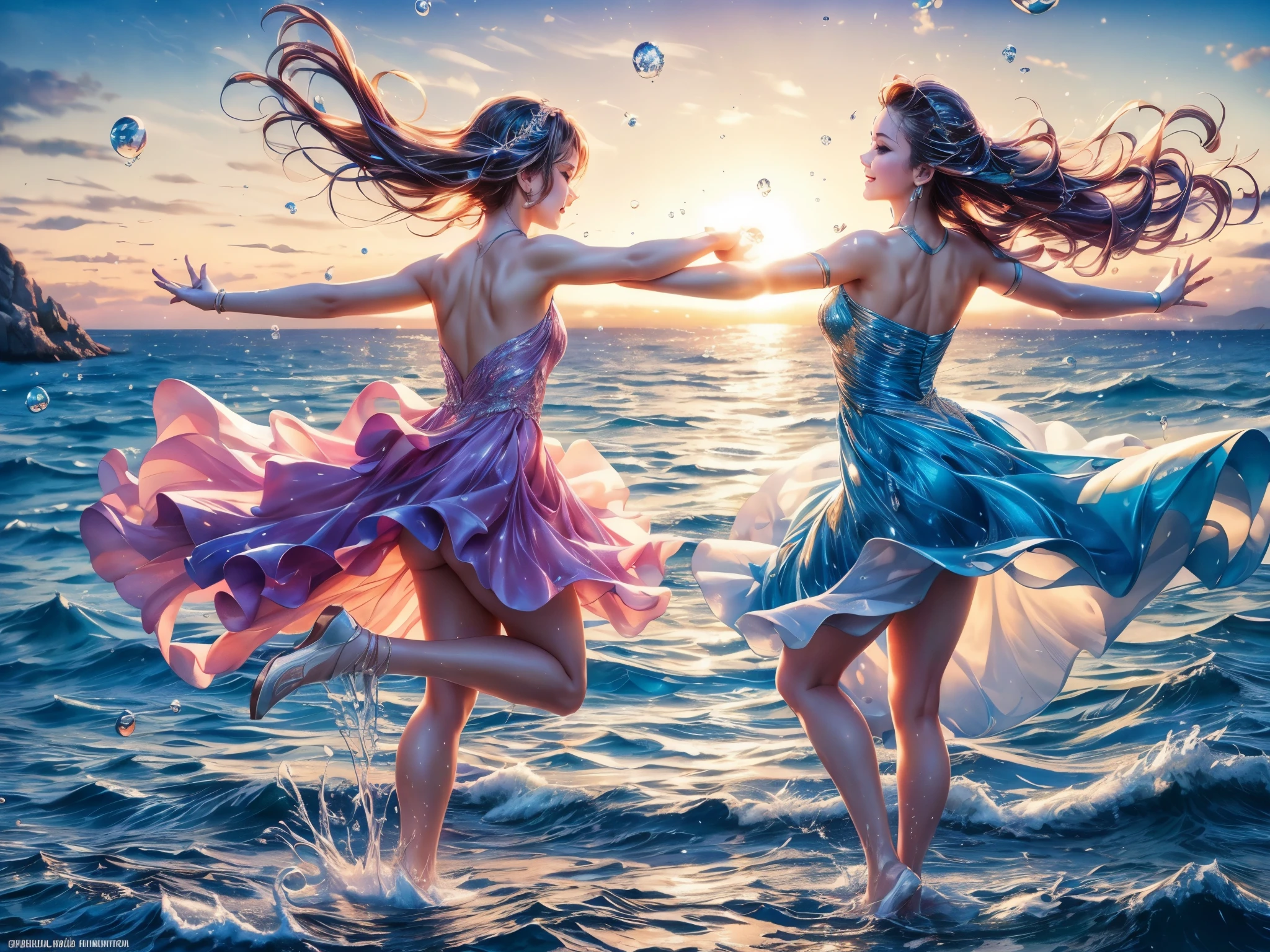 (best quality,4k,highres,masterpiece:1.2),ultra-detailed,(realistic,photorealistic,photo-realistic:1.37), vibrant colors, dynamic lighting, (watercolor, oil painting:1.2), people dancing on the sea surface, sparkling waves, joyful expressions, flowing dresses, graceful movements, (sunset, golden hour:1.1) ambiance, (reflection, mirror-like:1.1) sea, (seabirds, seashells:0.9), energetic choreography, (splashing, water droplets:1.1), harmonious group synchronization, (jumping, leaping:1.1), rhythmic music, (breezy, windy:0.9) atmosphere, (sleek, elegant:1.1) dance poses, (shimmering, glimmering:1.1) dresses, (mesmerizing, enchanting:1.1) sea view, (dramatic, captivating:1.1) sky, (dynamic, energetic:1.1) composition, (joyful, celebratory:1.1) movements, (twirling, spinning:1.1) figures, (splendid, magnificent:1.1) scene.