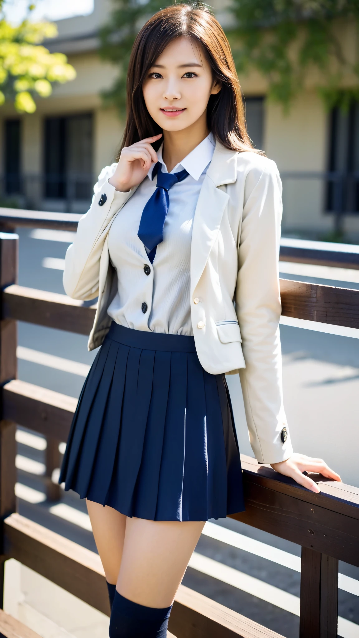 mix 4, (16k, Raw photo, best image quality, masterpiece: 1.45), (realistic, Photoreal: 1.37), tall girl, cute, cityscape,, professional lighting, photon mapping, school classroom, Physically based rendering, dark brown hair,ponytail hairstyle, well-groomed and beautiful eyes、((double eyelid))、super cute girl, (((school uniform、blazer、Long-sleeved shirts worn by Japanese high school girls、ribbon tie、dark blue mini skirt,、dark blue socks、black loafers))), highest quality photos, High resolution, 1080p, (clear face), (Detailed facial description), (detailed description of hands), (masterpiece), (Detailed CG)、extreme light and shadow、messy hair、master work、Rich details、(detailed facial features)、(highest quality photoasseter muscle part)、(detailed eye)、look in front of you、thin clavicle、((slender and big))、(((Japanese female students wear jackets and long-sleeved shirts)))、((neat idol))、((school gate、schoolyard、With the school building in the background))、(Take photos from random viewpoints)、(((cute like an idol)))、earrings、big smile、Draw the whole body from the knees、Do not draw fine lines、(((Sports bags used by Japanese female students)))、(Big big breasts with big drooping:1.2)、big firm butt、two arms、two legs、(((from the front:0.7)))、bare hands、(((symmetrical eyes)))、standing pose、please put your hands on the desk、Do not remove the tie from the jacket、raise your butt:1.5,Raw sex:1.5,