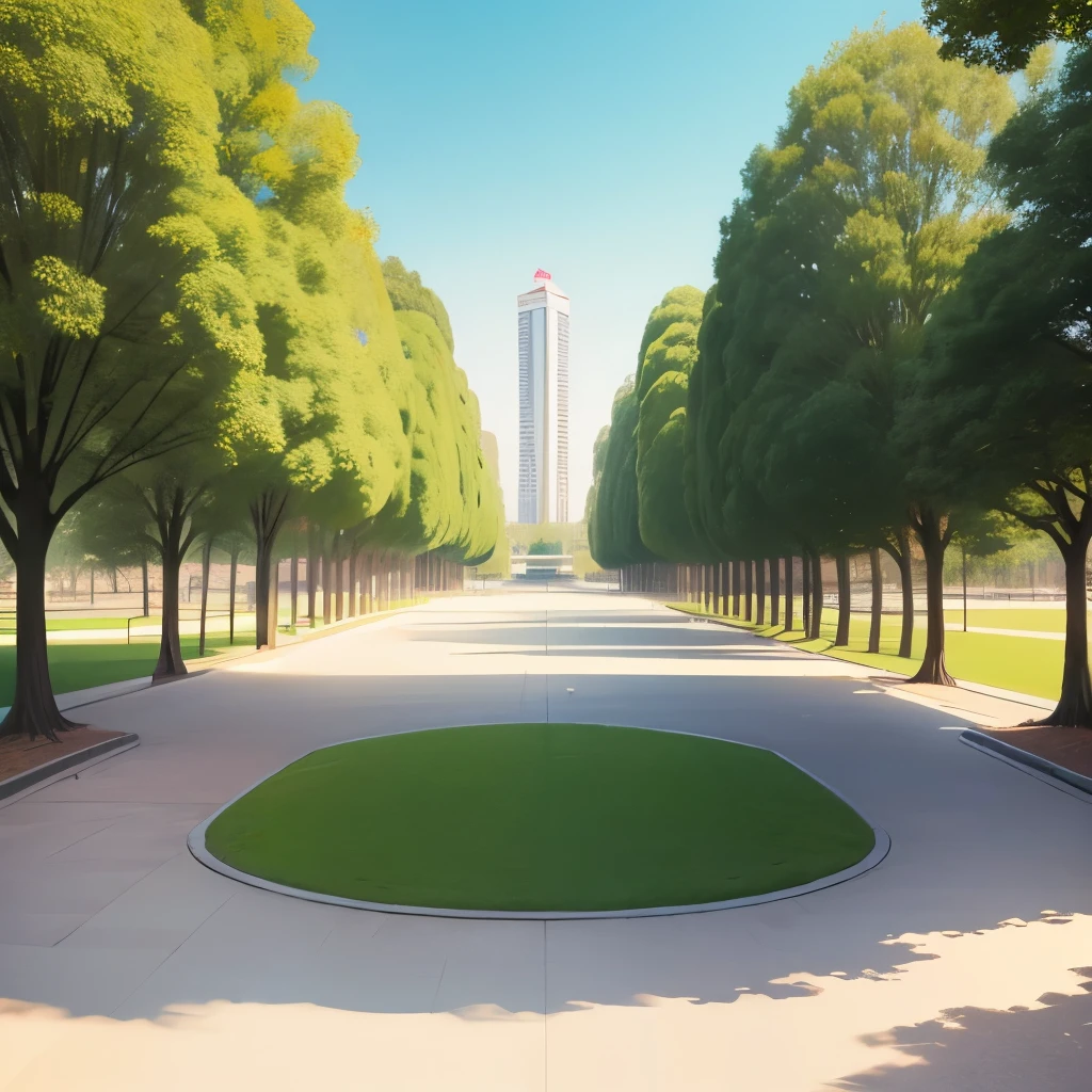 flat illustration style,Big park,The scene is wide,Empty,Look at it from a low angle,Mazu Park,