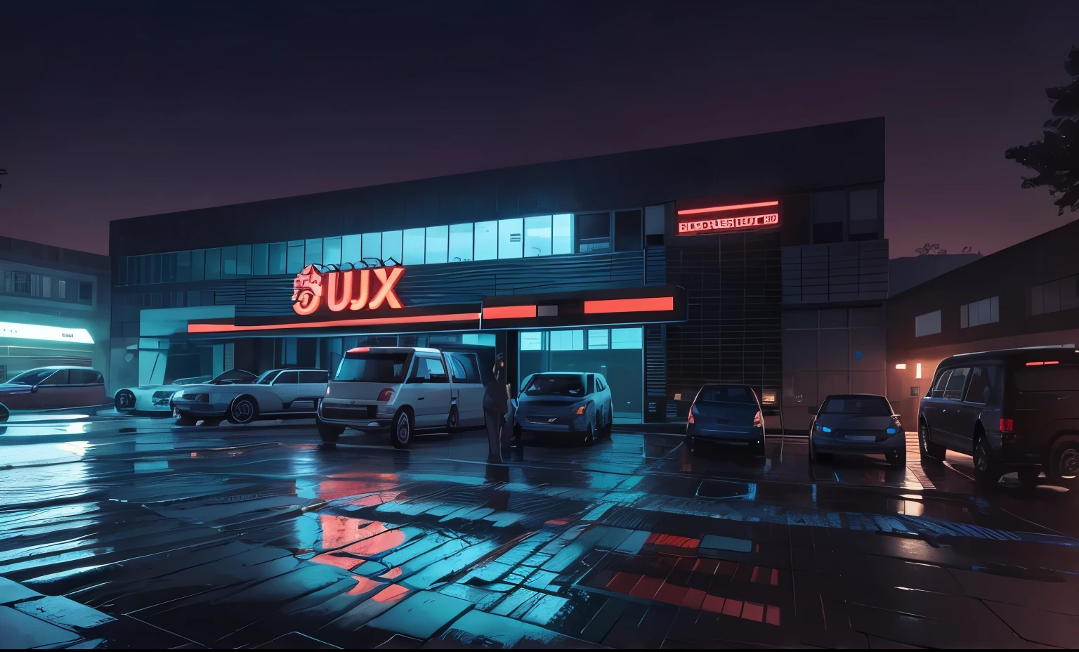 Close up shot of the factory building at night, with white walls and black tiles, and the "STR Gina DXH, LED, facade is decorated with various vehicles, front, trees. A sign displays the name of the company "Zoomlion Cloud Digital