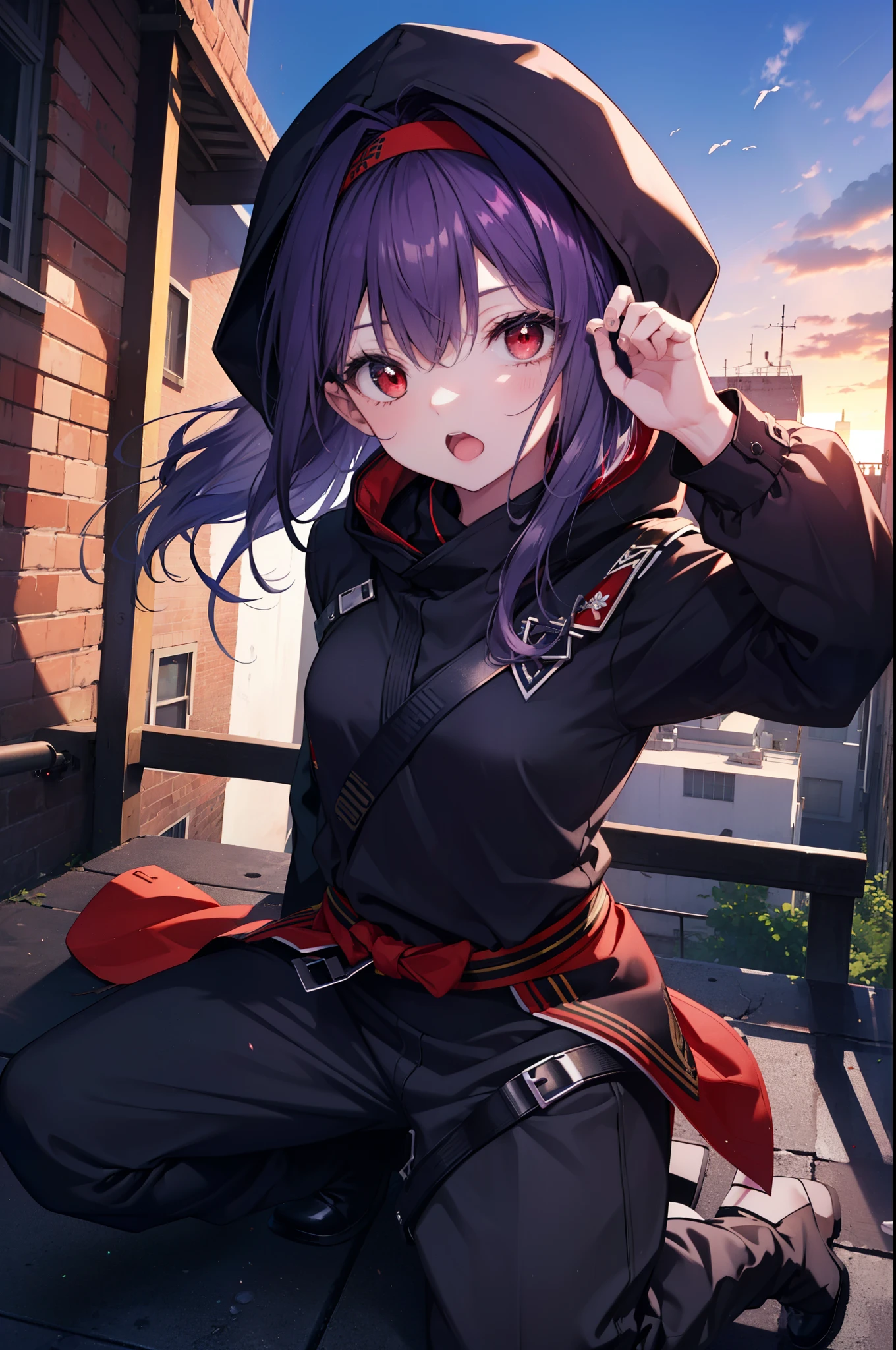 yuukikonno, Yuki Konno, hair band, long hair, pointed ears, purple hair, (red eyes:1.5), (small breasts:1.2), open your mouth,hood up,Cover your mouth with a black mask,strict,black ninja uniform,ninja,black shinobi pants,boots,action pose,overlooking the town from the roof of a building,
break looking at viewer, Upper body, full body,
break outdoors, ,Medieval European-style building,
break (masterpiece:1.2), highest quality, High resolution, unity 8k wallpaper, (figure:0.8), (detailed and beautiful eyes:1.6), highly detailed face, perfect lighting, Very detailed CG, (perfect hands, perfect anatomy),