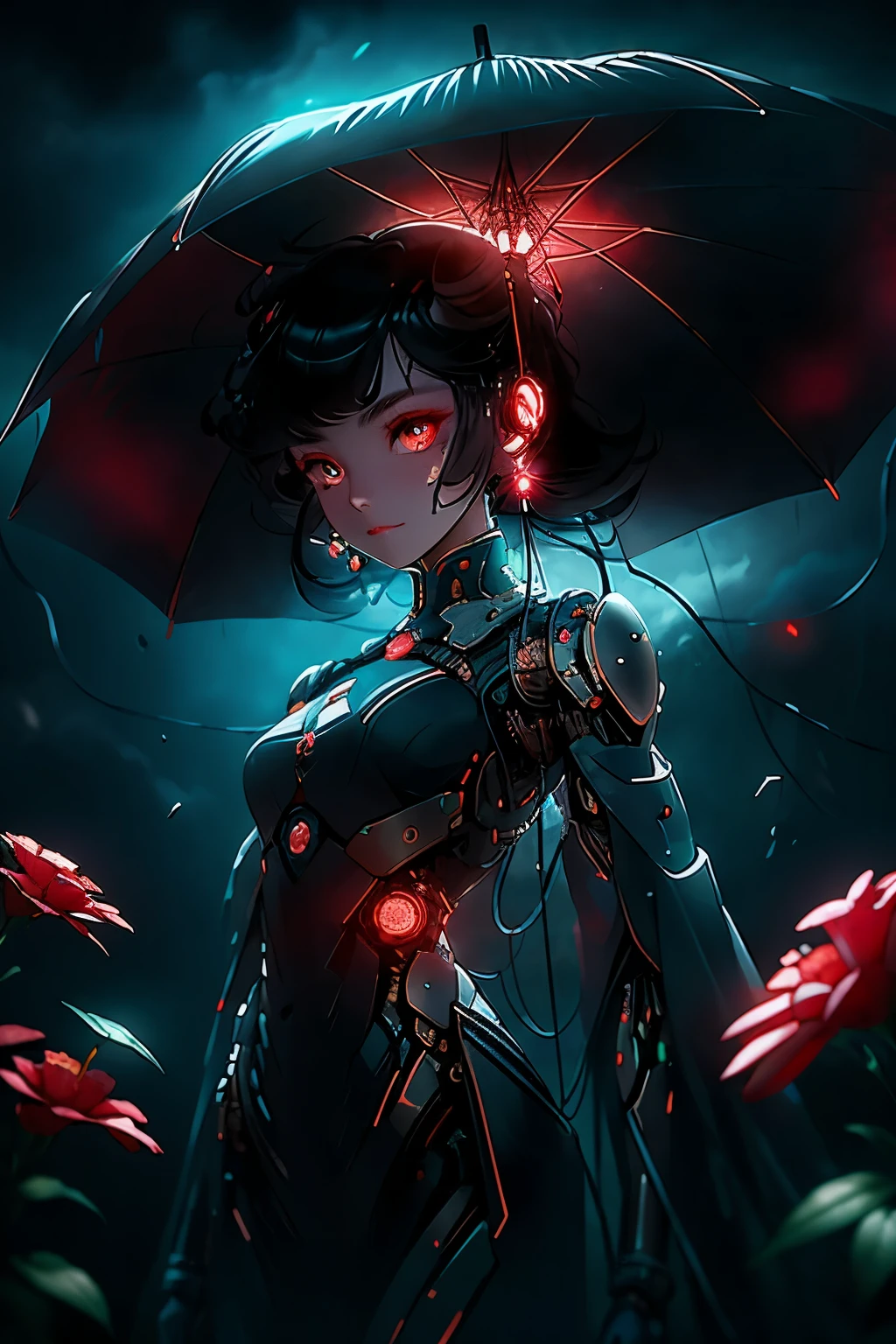 A realistic black-colored female robot with profoundly expressive red glowing eyes stands serene in the midst of a mesmerizing garden, adorned with vibrant blue flowers. The flower petals around her gently sway in the breeze, creating a tranquil ambiance. Dark clouds loom overhead, blanketing the sky with an ominous presence. Medium light filters through the clouds, bathing the scene in a captivating grey and blue color grading, adding depth and dimension to every detail.