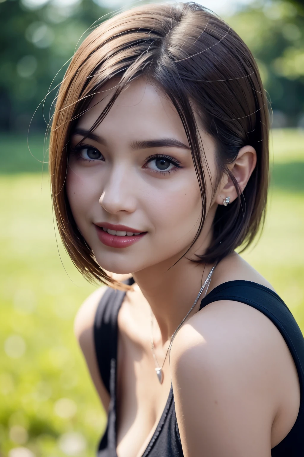 (8K, best quality, masterpiece:1.2), (real, realistic:1.37), unit, very delicate and beautiful, very detailed, amazing, exquisite details, masterpiece, best quality, official art, disorganized person, incredibly absurd, Beautiful One Girl, very detailed eyes and faces, Beautiful detailed eyes, facial light, nose becomes red, ((1 girl)), Brown-eyed, red lips, eye_compensate, short hair, beaver_cut, straight hair, headless, earrings, medium breasts, cleavage, shiny skin, outdoor, professional lighting, detailed shadow, sharp_concentrated, Supermodel, laughter, Pause