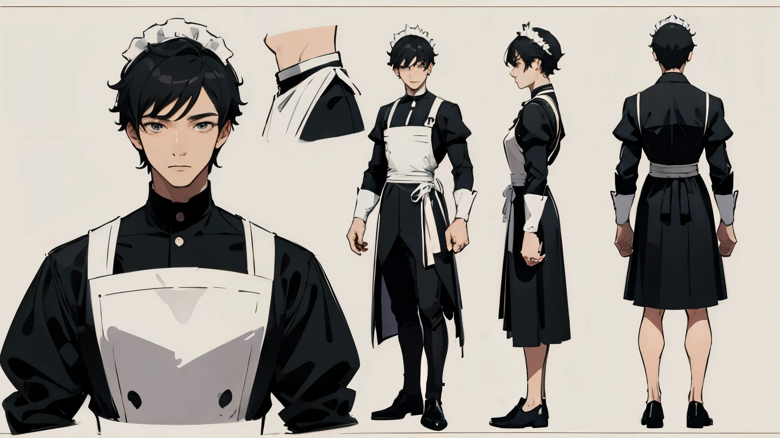 A mature man wears a maid outfit,Wear a maid headdress,black short hair,front,side,back,(character design sheet),blank background
