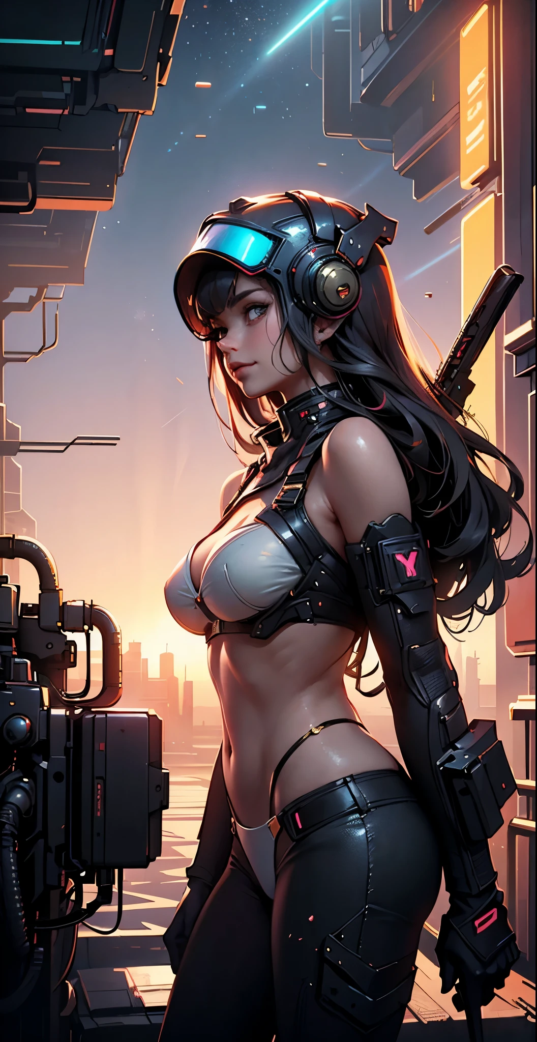 looking at camera, cyberpunk neon cinematic 8k poster, shocking, neon lights - dark and shadowy background - night mood, Astronaut style white and gold trim neon light bikini zipper open (breast) and clear helmet, dark short wavy hair, with a group of soldiers behind her, beautiful sci-fi art, beautiful smile, waiting for a kiss, turning and looking at the camera, space warrior, sunrise over solar punk city, stoner rock, mars invasion, epic album art cover, sexy movie photo, cinemascope panorama, high stylized and 1940’s poster, cosmic style, 8k cinematic, golden ratio, cosmic mayhem, light particles, wet look, golden hour, realistic, masterpiece, highest quality, lens flare, shade, bloom, [[chromatic aberration]]