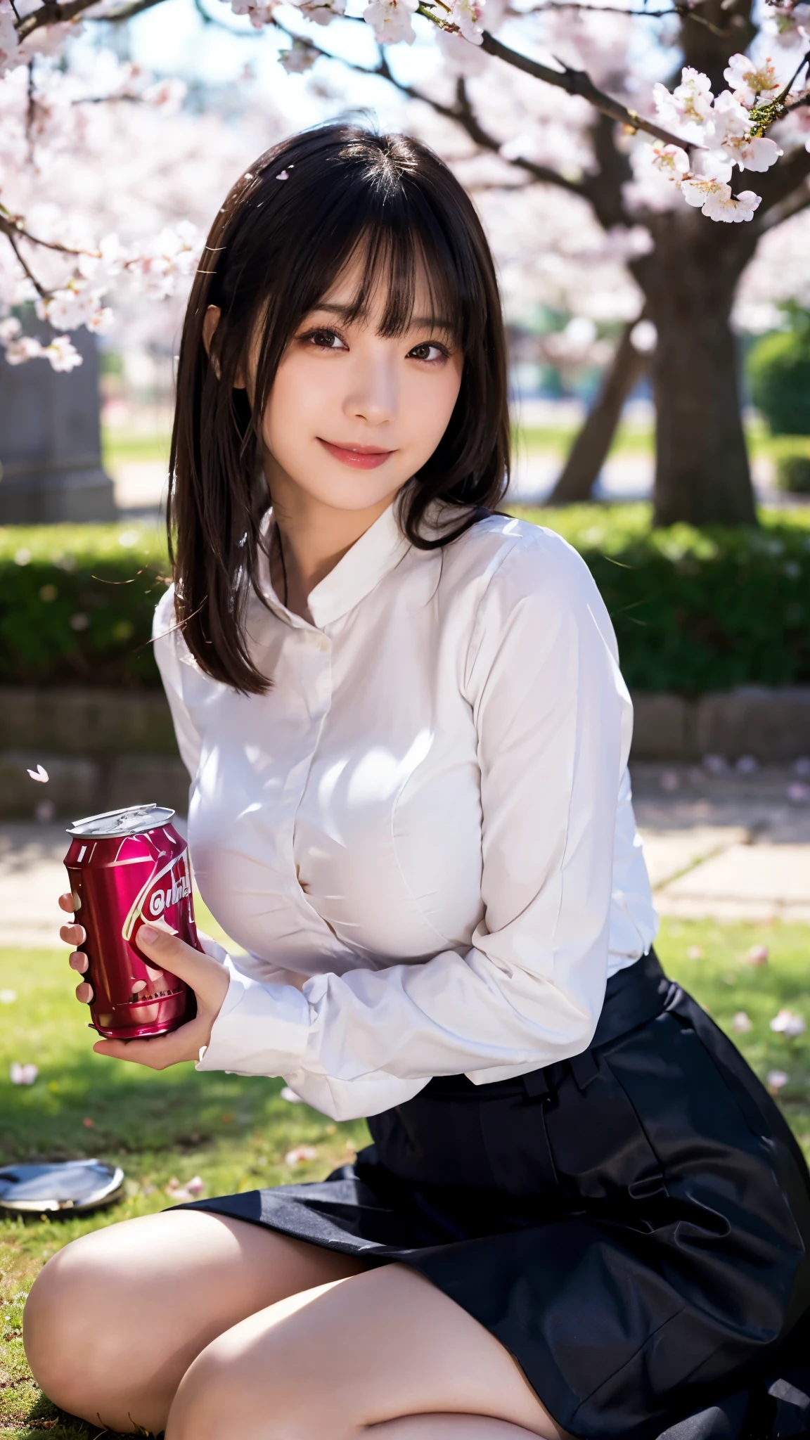 (highest quality,masterpiece:1.3,ultra high resolution),(Super detailed,caustics,8k),(photorealistic:1.4,RAW shooting),1 girl,sitting on the grass,(Holding a can of beer in hand),(smile),(blush),(Moist eyes),stare at the camera,25 years old,cute,Japanese,Black Hair Middle Hair,(white blouse),black skirt,glamorous,(big boobs),(breast focus),(boobs close up)､darkness,Cherry blossom trees,Illuminated night cherry blossoms,professional writing,(shot from the waist up),(low position),(Low - Angle)