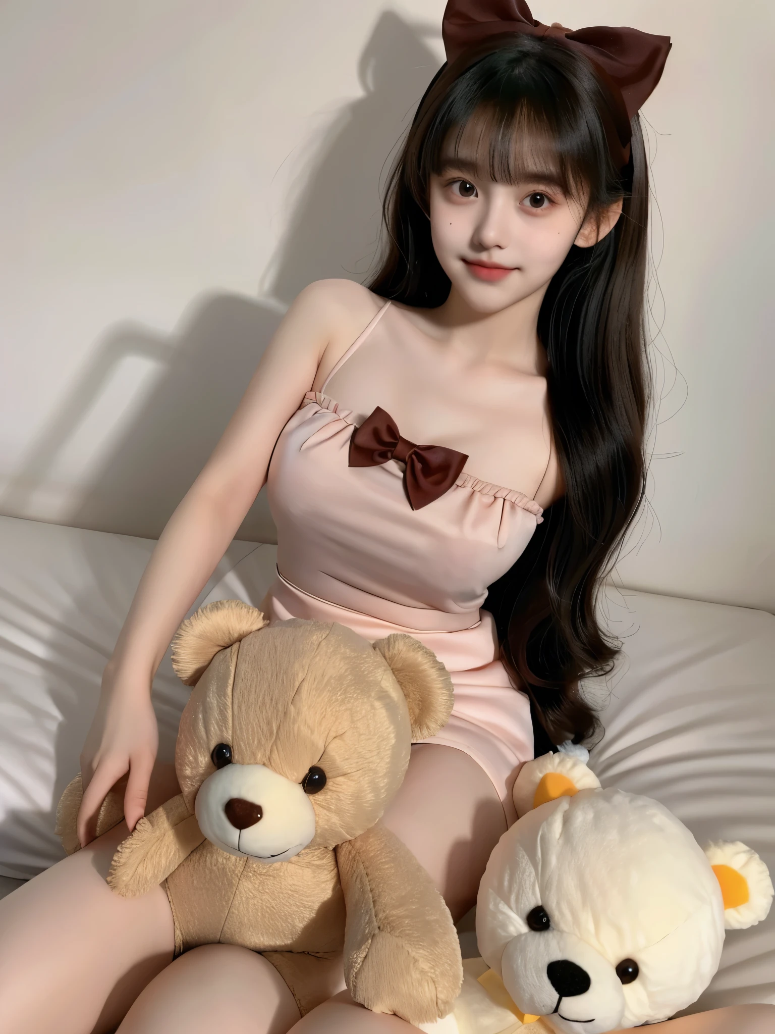 1girl, solo,Big , stuffed toy, stuffed animal, long hair, bow, looking at viewer, hair bow, black hair, ribbon, brown hair,teddy bear, bangs, mole,14 y.o.