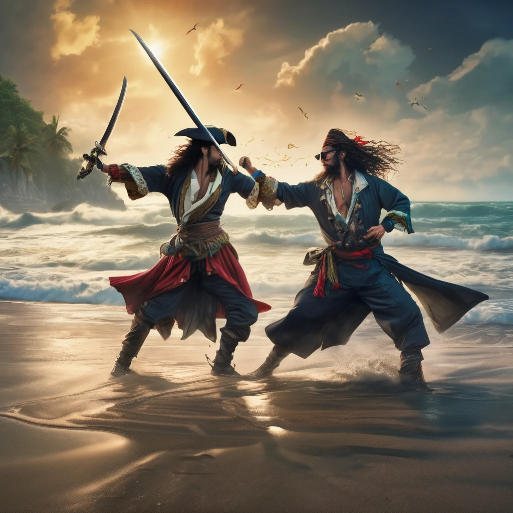 Some fantasy pirates are practicing swordplay on the beach, the tide is rolling in making it look like they are dancing on the sea