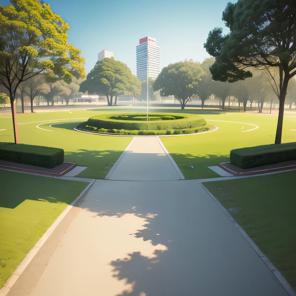 flat illustration style,Big park,The scene is wide,Empty,Look at it from a low angle,Mazu Park,