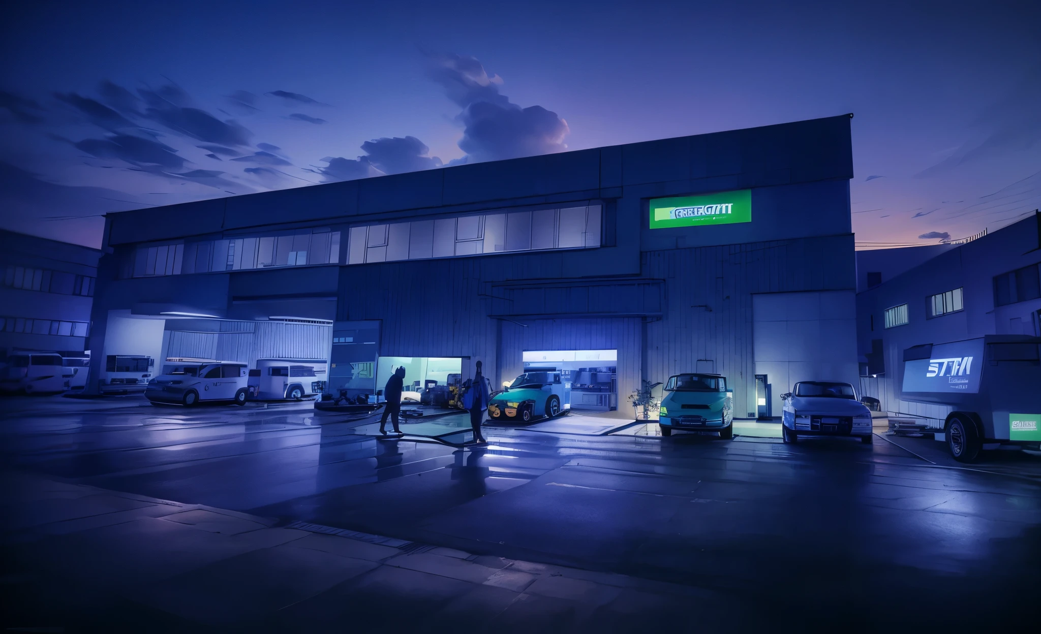 Close up shot of the factory building at night, with white walls and black tiles, and the "STR Gina DXH, LED, facade is decorated with various vehicles, front, trees. A sign displays the name of the company "Zoomlion Cloud Digital 