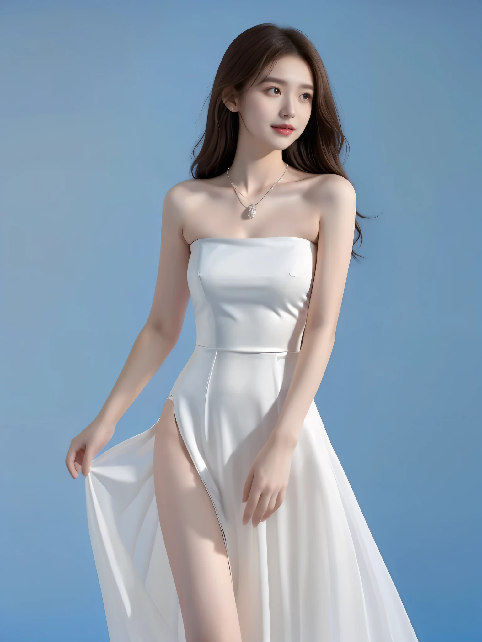 1 girl, single, dress, brown hair, white dress, long hair, blue background, bare shoulders, strapless, simple background, skirt hem, closed, chest, realistic, choke, strapless dress, perspective, necklace,