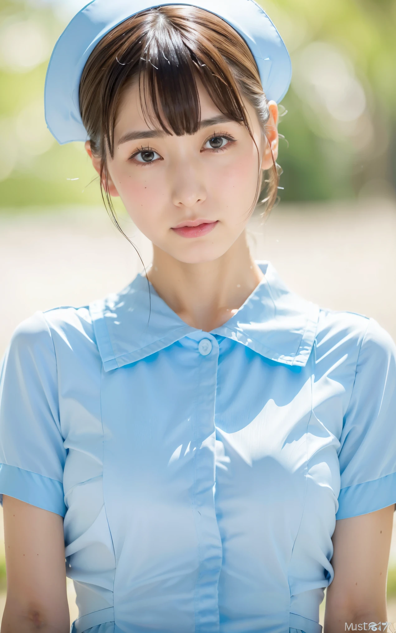 ((top quality, 8k, muste piece: 1.3)), beauty, one japanese girl, nurse, whole body, perfect anatomy, Are standing, black hair, Blunt Bangs, Lower ponytail, 20 years old, face focus, detailed face, highly detailed lips, fine eyes, sweaty skin: 1.2, nurse uniform, light blue dress, nurse cap,