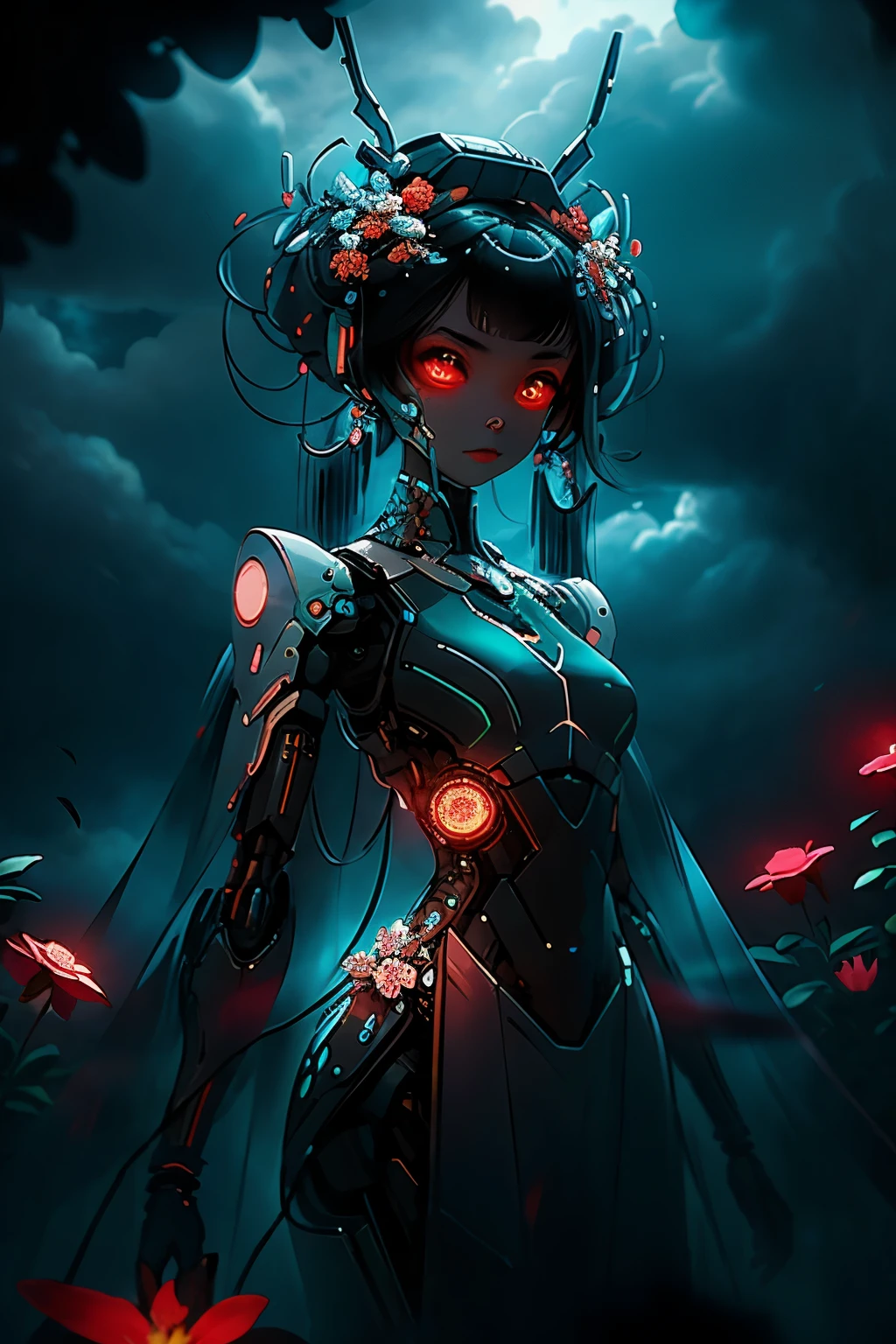 A realistic black-colored female robot with profoundly expressive red glowing eyes stands serene in the midst of a mesmerizing garden, adorned with vibrant blue flowers. The flower petals around her gently sway in the breeze, creating a tranquil ambiance. Dark clouds loom overhead, blanketing the sky with an ominous presence. Medium light filters through the clouds, bathing the scene in a captivating grey and blue color grading, adding depth and dimension to every detail.