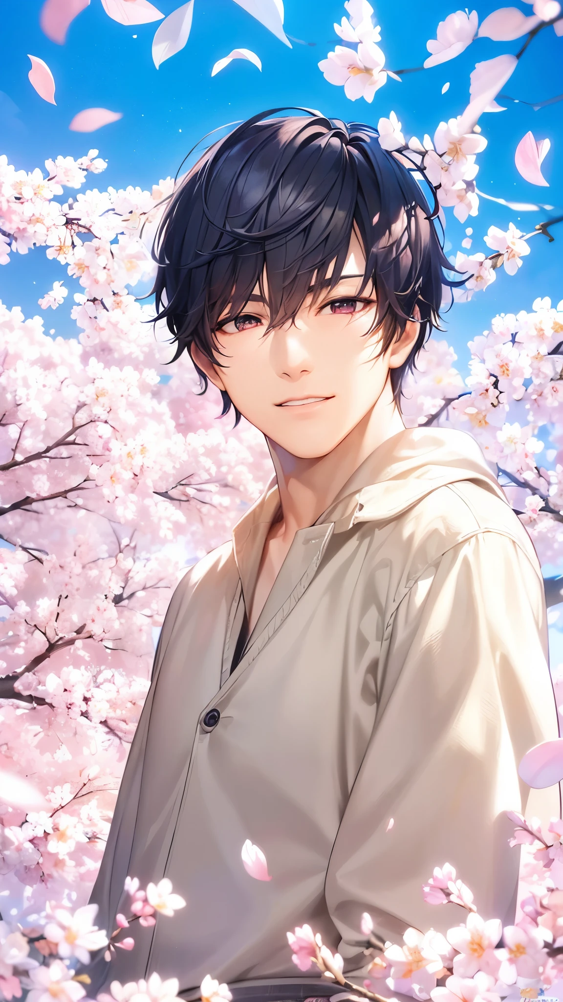 a handsome guy、serious expression、please close your mouth、cherry blossoms、cool look、Highly Detailed CG Unity 8K Wallpaper, (super masterpiece, beautiful person, well detailed face polluted smile, It's photorealistic, hyper realistic)Adult and cool