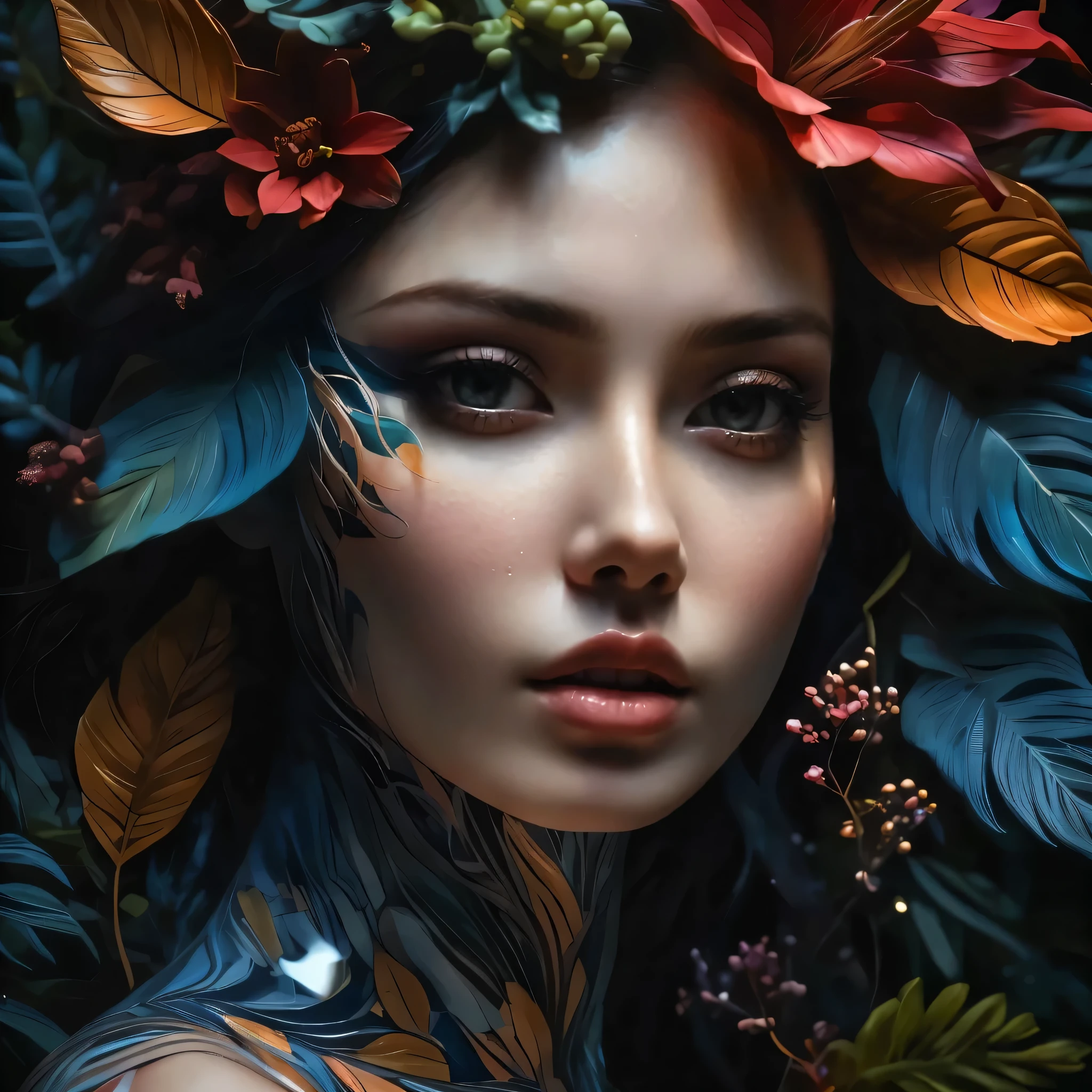 there is a woman with a flower crown on her head, beautiful fantasy portrait, beautiful fantasy art portrait, beautiful art uhd 4 k, beautiful digital artwork, fantasy portrait, fantasy art portrait, portrait of a dark fantasy nymph, hyperrealism. fantasy 4k, gorgeous digital art, beautiful digital art, stunning digital illustration, detailed matte fantasy portrait, beautiful gorgeous digital art