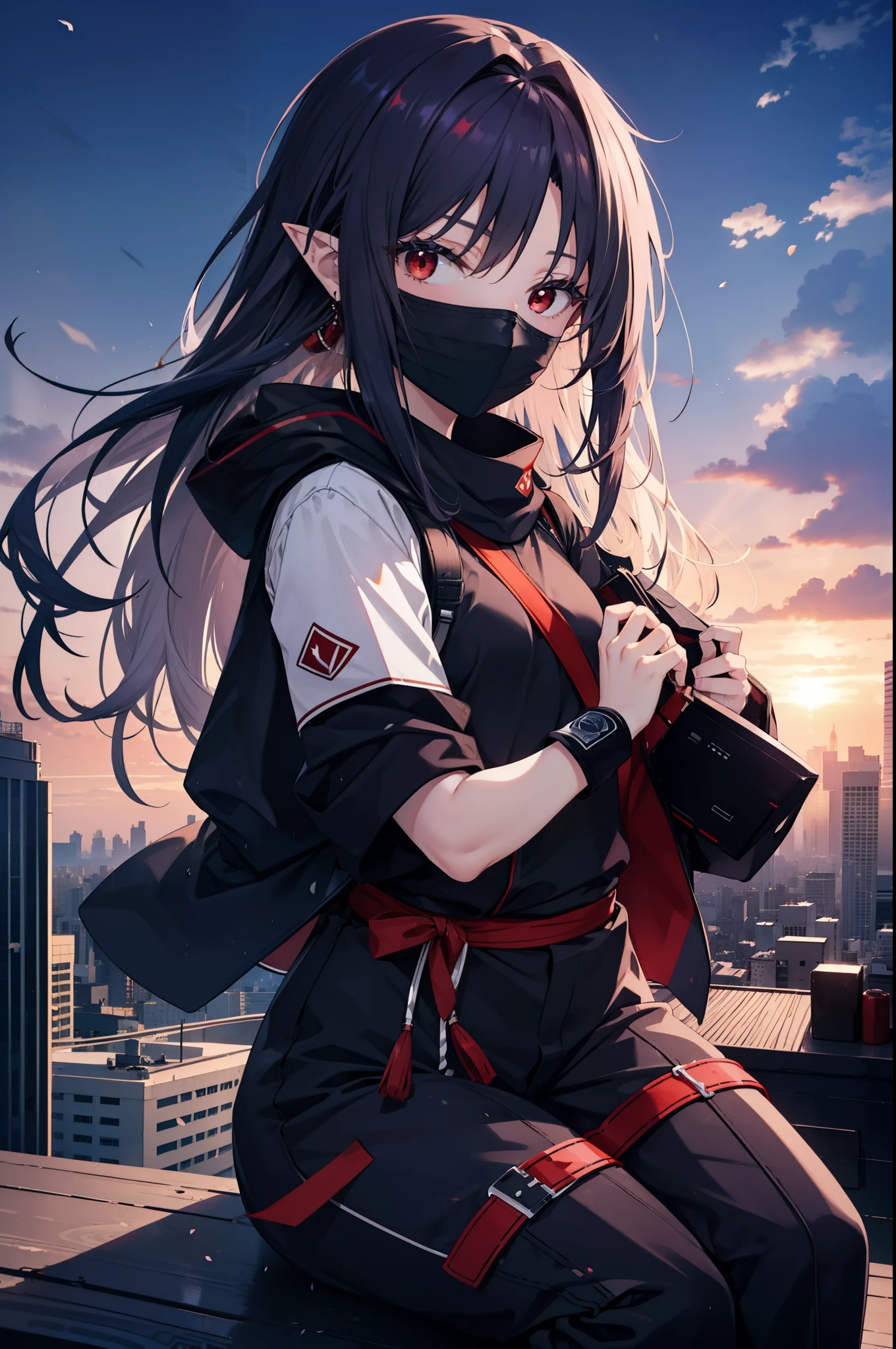 yuukikonno, Yuki Konno, hair band, long hair, pointy ears, purple hair, (red eyes:1.5), (small breasts:1.2), open your mouth,hooded,black mask veil,strict,black ninja uniform,ninja,black shinobi pants,boots,action pose,overlooking the city from the roof of a building,
break looking at viewer, Upper body, full body,
break outdoors, ,Medieval European-style building,
break (masterpiece:1.2), highest quality, High resolution, unity 8k wallpaper, (shape:0.8), (fine and beautiful eyes:1.6), highly detailed face, perfect lighting, Very detailed CG, (perfect hands, perfect anatomy),