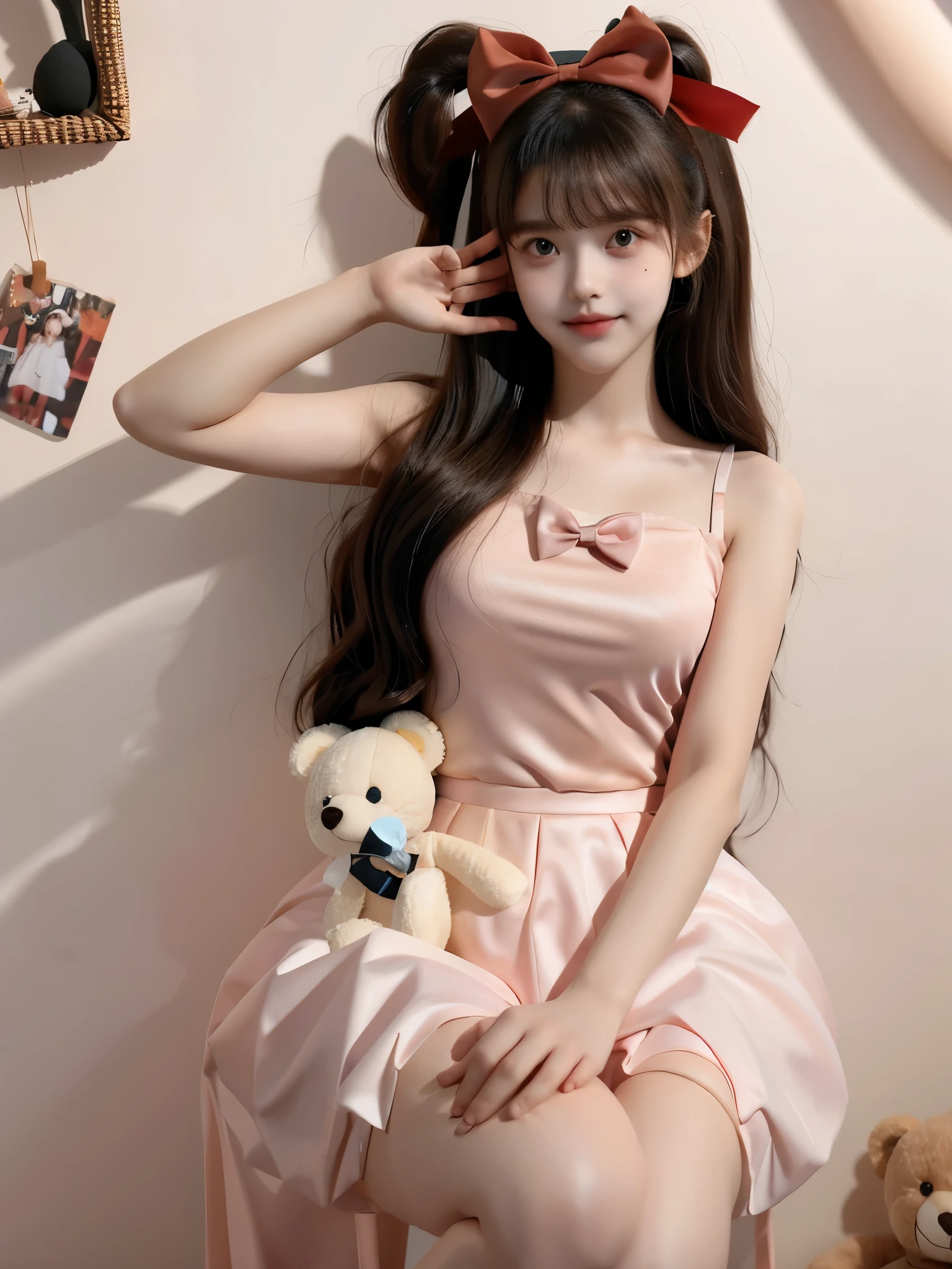 1girl, solo,Big , stuffed toy, stuffed animal, long hair, bow, looking at viewer, hair bow, black hair, ribbon, brown hair,teddy bear, bangs, mole,14 y.o.