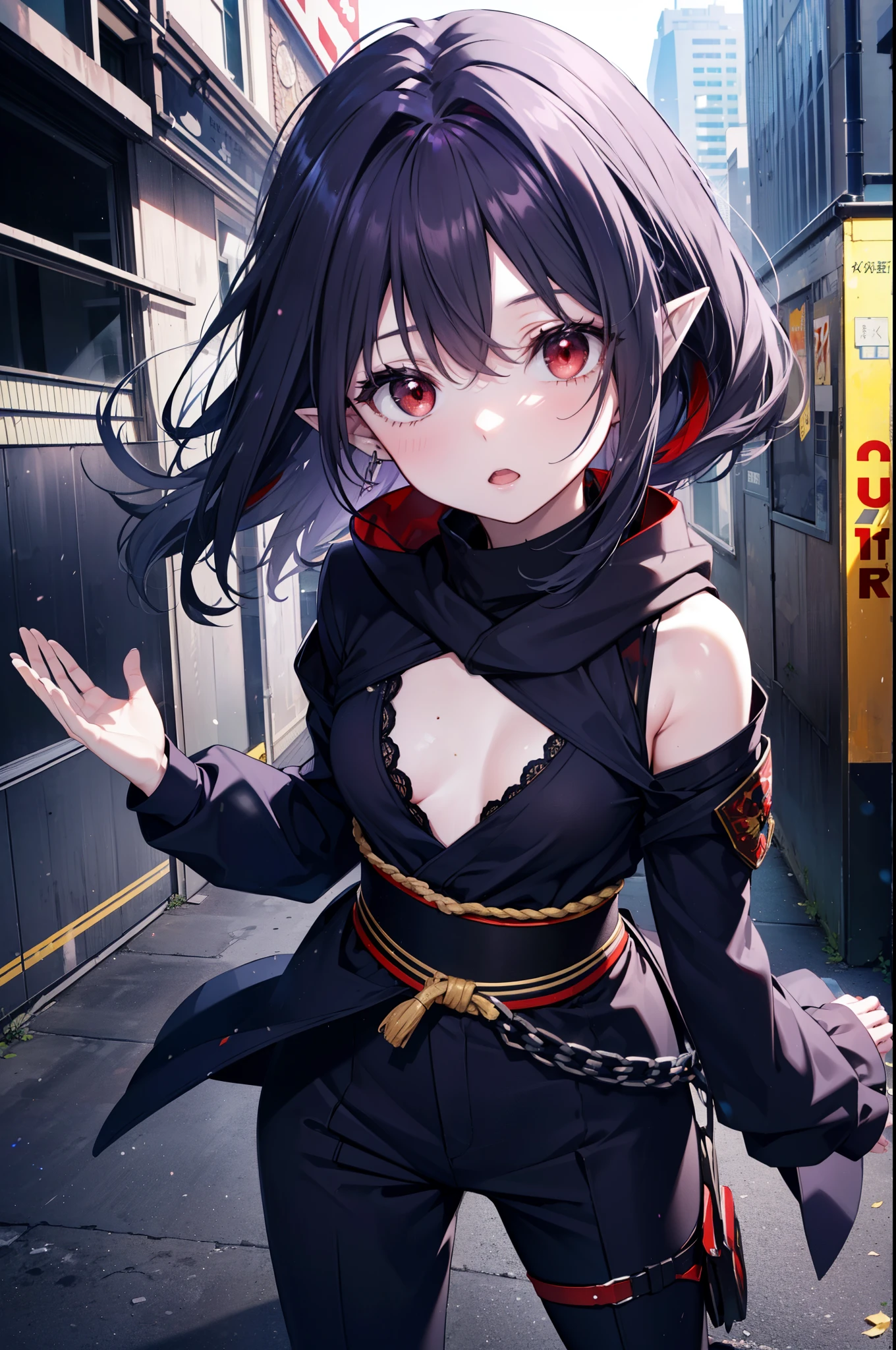 yuukikonno, Yuki Konno, hair band, long hair, pointy ears, purple hair, (red eyes:1.5), (small breasts:1.2), open your mouth,hooded,black mask veil,strict,black ninja uniform,ninja,black shinobi pants,boots,action pose,overlooking the city from the roof of a building,
break looking at viewer, Upper body, full body,
break outdoors, ,Medieval European-style building,
break (masterpiece:1.2), highest quality, High resolution, unity 8k wallpaper, (shape:0.8), (fine and beautiful eyes:1.6), highly detailed face, perfect lighting, Very detailed CG, (perfect hands, perfect anatomy),