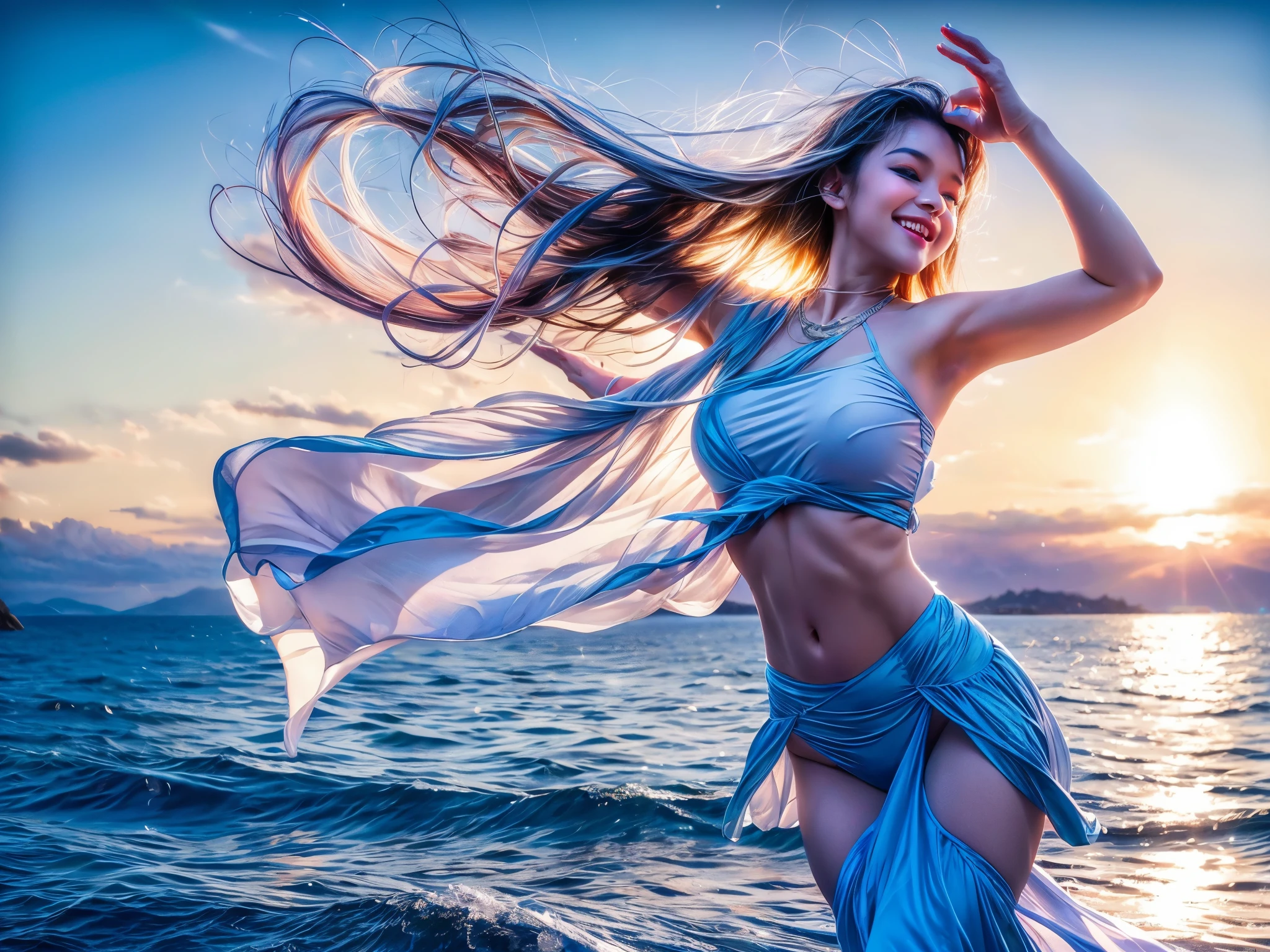 People Dancing on the Sea Surface:

(best quality,4k,8k,highres,masterpiece:1.2),ultra-detailed,(realistic,photorealistic,photo-realistic:1.37),colorful lights,people dancing in vibrant costumes,sparkling waves,energetic movements,warm summer evening,twinkling sunset,joyful atmosphere,silhouettes against the horizon,splashes of water,unforgettable memories,lively music,smiling faces,impressive choreography,rippling reflections,dynamic poses,magic of the sea,harmonious rhythm,unrestrained happiness,dazzling colors,graceful gestures,euphoric celebration,rays of sunlight on the waves,dancing with the music,seamless connection between dancers and nature,expressive body language,vivid and energetic,dreamlike scene,blissful harmony,spirited performance,freedom and joy in motion,unforgettable dance moves,magnificent and surreal,salt air and ocean breeze,ethereal and enchanting,life's beautiful rhythm.