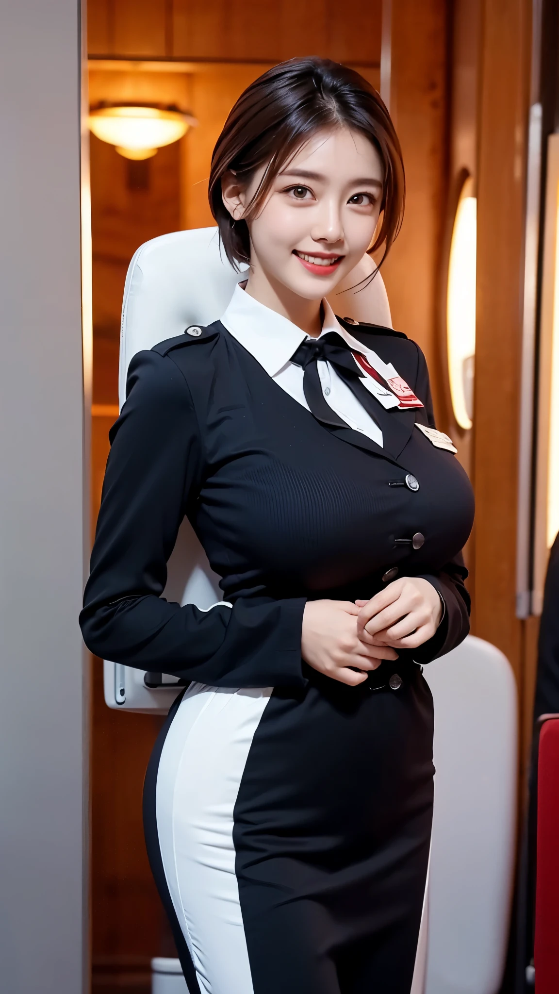 (The Ultimate Beautiful Japan Married Woman), 50s, hyperdetailed face, Detailed lips, (big eye:1.4), Double eyelids, Short brunette hair, (grin)、(White shaping teeth), (cparted lips), ((While wearing cabin-attendant's uniform:1.4))、((large full breasts)), thighs thighs thighs thighs、(Cowboy Shot:1.3), Perfect fit, depth of fields、Perfect image realism, Background with:((On the plane))、细致Background with, detailed costume, Perfect litthing、Hyper-Realism、Photorealsitic、8K maximum resolution, (​masterpiece), ighly detailed, Professional
