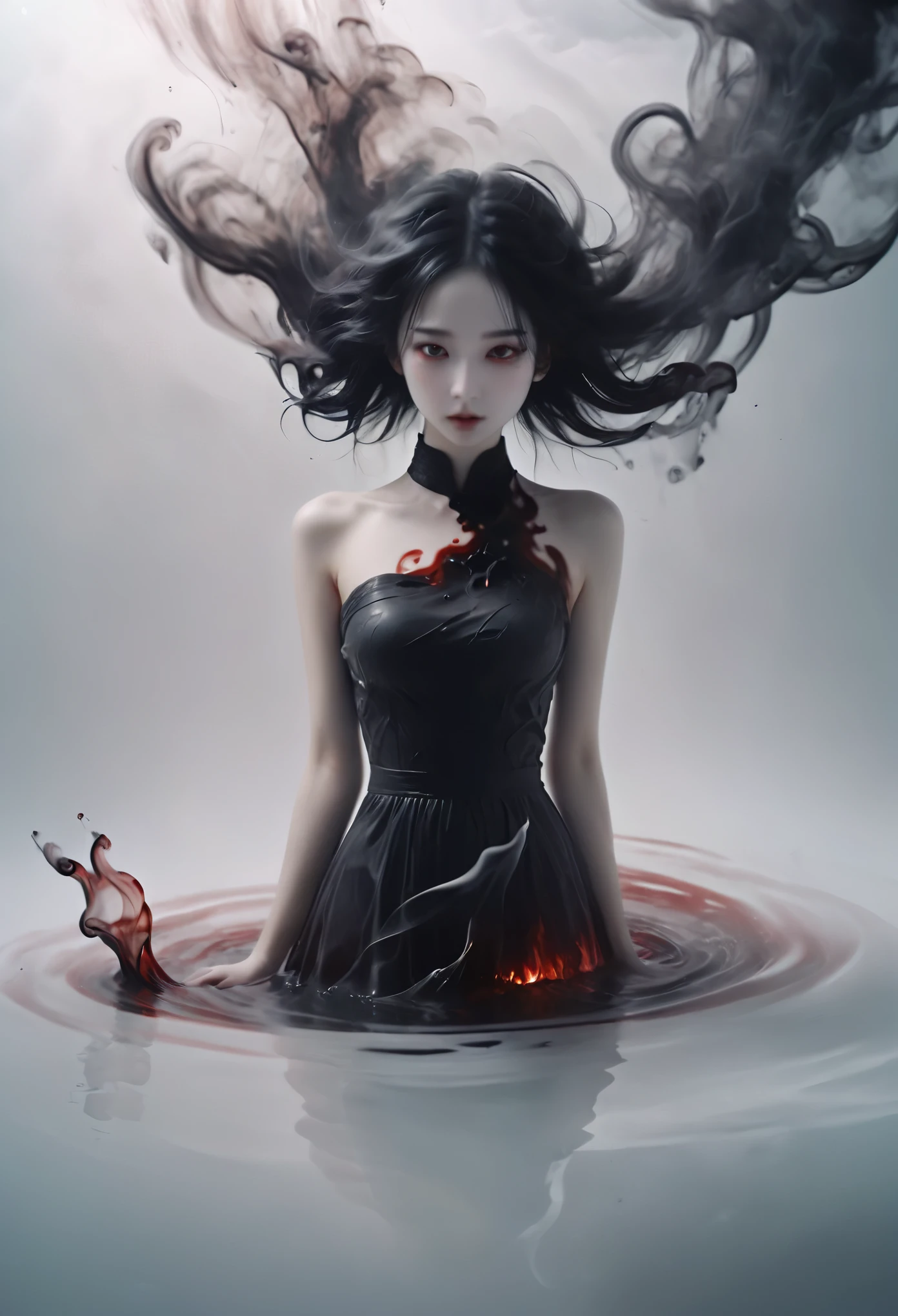 bailing_dark,A girl made up of black smoke,1 girl with long hair,Some long hair naturally floats and turns into smoke,Have clear and beautiful facial features,Pupils are red,cold expression,Girl floating in the middle of water ripples,The background is pure white space,smoky
