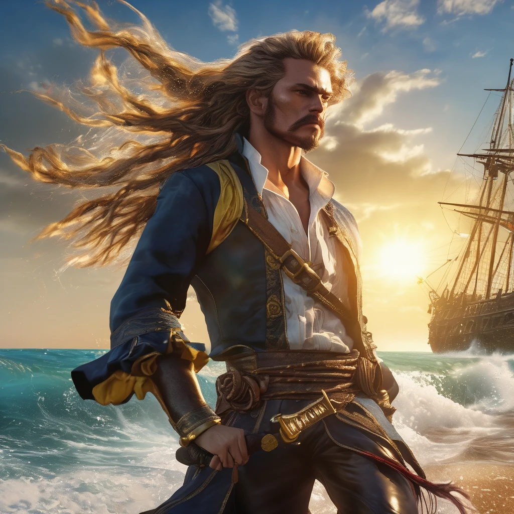 fantasy pirates,practicing swordplay,beach,tide rolling in,dancing on the sea,ocean breeze,sandy shore,sunlight sparkling on water,(best quality,4k,8k,highres,masterpiece:1.2),ultra-detailed,realistic:1.37,HDR,vivid colors,portraits,sharp focus,colorful costumes,swashbuckling moves,dramatic poses,fantasy settings,treasure chests,shipwreck in the distance,sun-kissed skin,wind-blown hair,muscular builds,strong,confident expressions