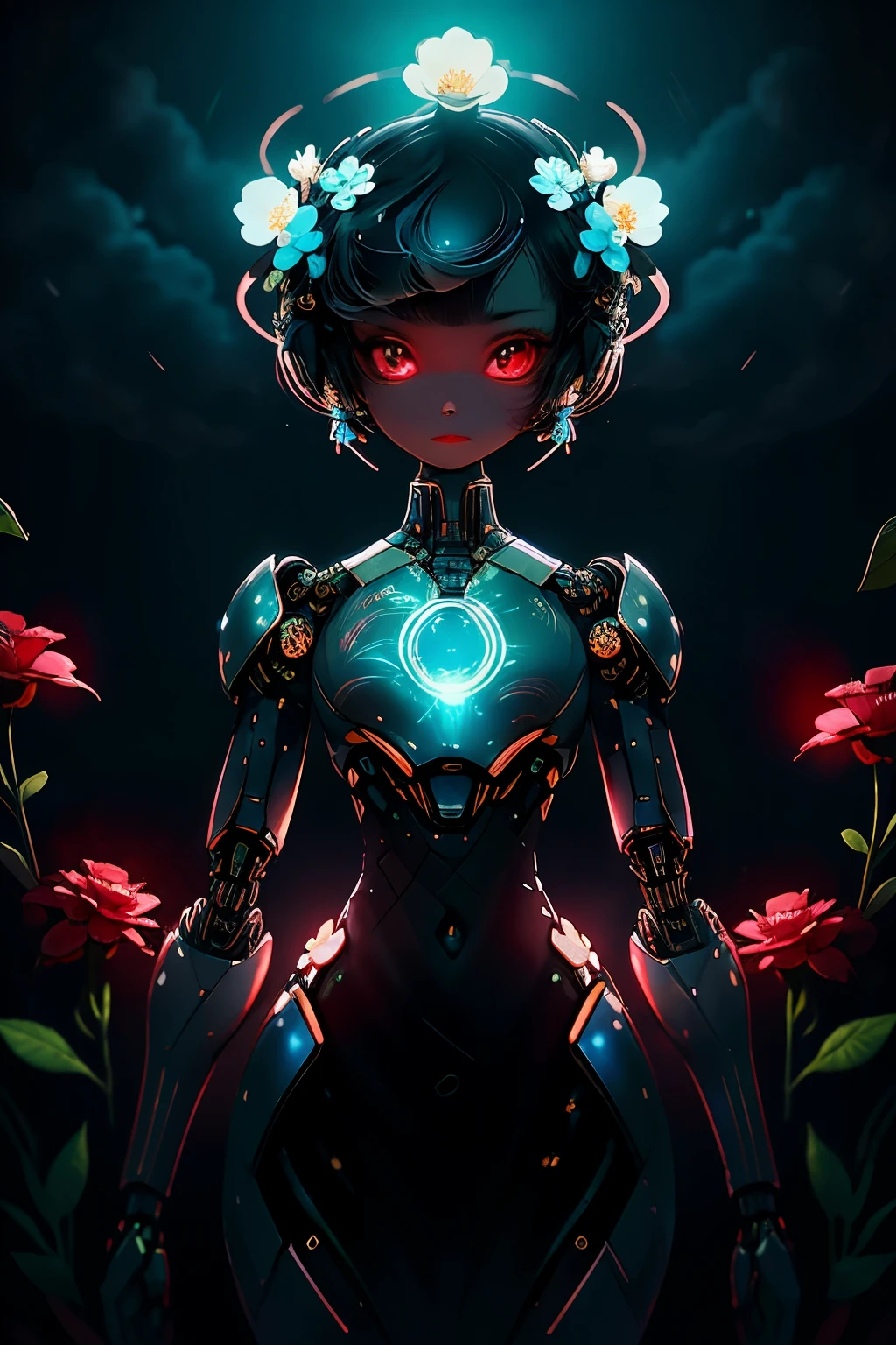 A lifelike black-colored female robot, equipped with red glowing eyes, stands contemplatively in the heart of a garden filled with vibrant blue flowers. The petals of the flowers dance gracefully in the gentle wind, adding an ethereal touch to the serene scene. Dark clouds loom ominously overhead, their ominous presence softened by the medium light that filters through them, casting a grey and blue color grading over the entire composition. The intricate details of the robot's metallic surface shine under the light, making for a stunning and thought-provoking juxtaposition of nature and technology. (Super detalhada, hiper realista, luzes brilh