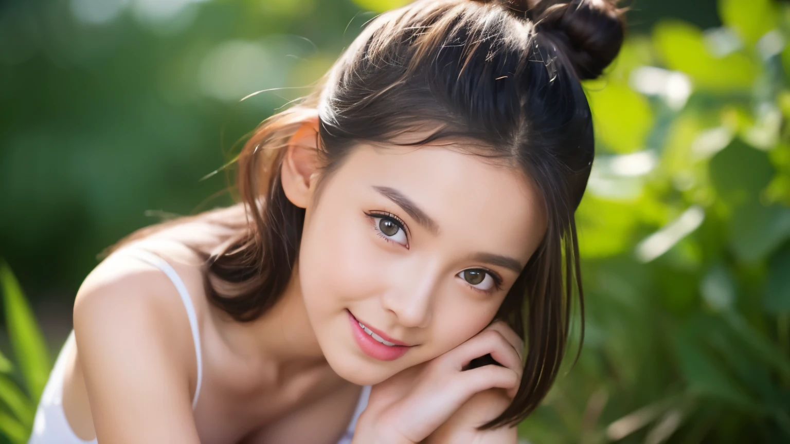 neat college girl、 person、(Long white silk camisole、white panties)、Outside the field、(Slimed、small tit、flat 、small tit)、Photorealsitic、detaileds, Skin Texture, ultra-detailliert、Delicate and sexy collarbone、A smile、Super Detailed Face、Detailed lips、A detailed eye、double eyelid、10years old girl、Bun hair、She tucked her chest between her arms.、Show cleavage to the camera.、Leaning forward with hands on your knees