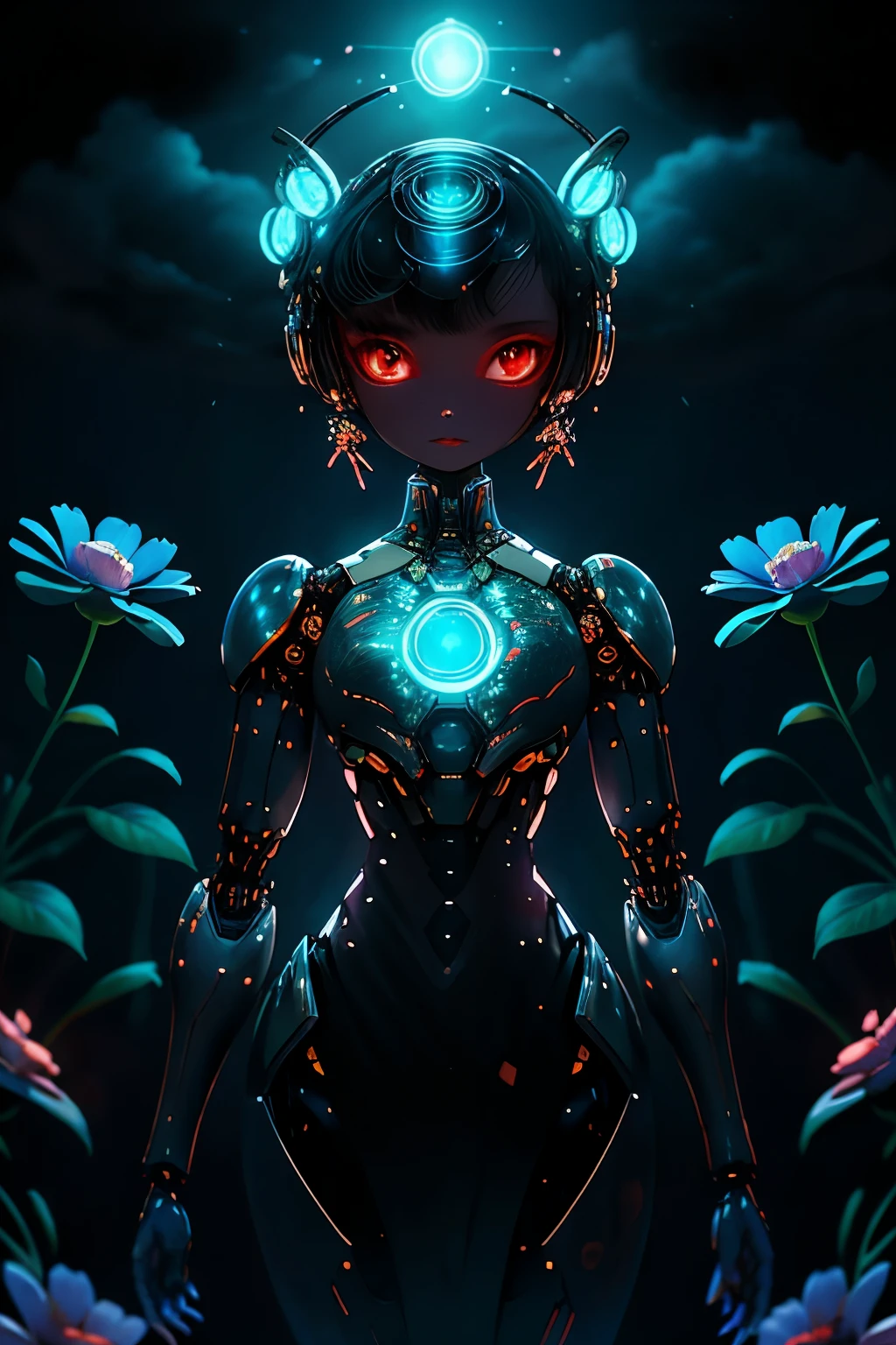 A lifelike black-colored female robot, equipped with red glowing eyes, stands contemplatively in the heart of a garden filled with vibrant blue flowers. The petals of the flowers dance gracefully in the gentle wind, adding an ethereal touch to the serene scene. Dark clouds loom ominously overhead, their ominous presence softened by the medium light that filters through them, casting a grey and blue color grading over the entire composition. The intricate details of the robot's metallic surface shine under the light, making for a stunning and thought-provoking juxtaposition of nature and technology. (Super detalhada, hiper realista, luzes brilh