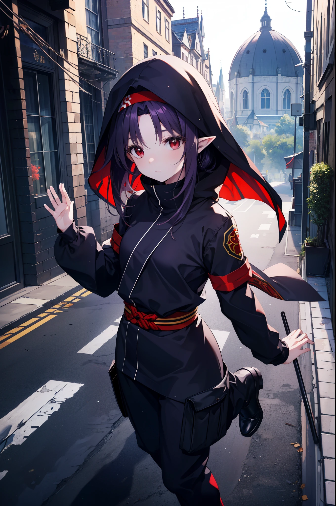 yuukikonno, Yuki Konno, hair band, long hair, pointy ears, purple hair, (red eyes:1.5), (small breasts:1.2), shut one&#39;s mouth,hooded,black mask veil,strict,black ninja uniform,ninja,black shinobi pants,boots,action pose,overlooking the city from the roof of a building,
break looking at viewer, Upper body, full body,
break outdoors ,Medieval European-style building,
break (masterpiece:1.2), highest quality, High resolution, unity 8k wallpaper, (shape:0.8), (fine and beautiful eyes:1.6), highly detailed face, perfect lighting, Very detailed CG, (perfect hands, perfect anatomy),