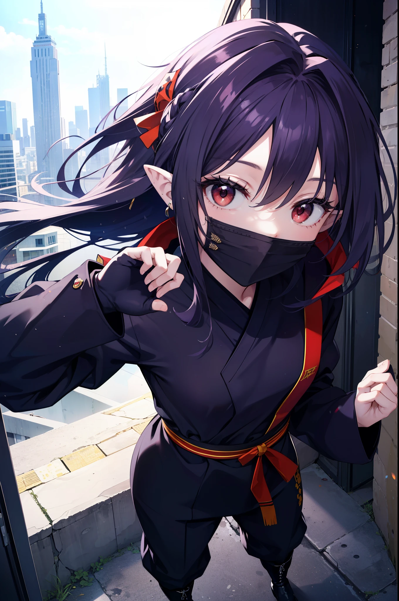 yuukikonno, Yuki Konno, hair band, long hair, pointy ears, purple hair, (red eyes:1.5), (small breasts:1.2), shut one&#39;s mouth,hooded,black mask veil,strict,black ninja uniform,ninja,black shinobi pants,boots,action pose,overlooking the city from the roof of a building,
break looking at viewer, Upper body, full body,
break outdoors ,Medieval European-style building,
break (masterpiece:1.2), highest quality, High resolution, unity 8k wallpaper, (shape:0.8), (fine and beautiful eyes:1.6), highly detailed face, perfect lighting, Very detailed CG, (perfect hands, perfect anatomy),