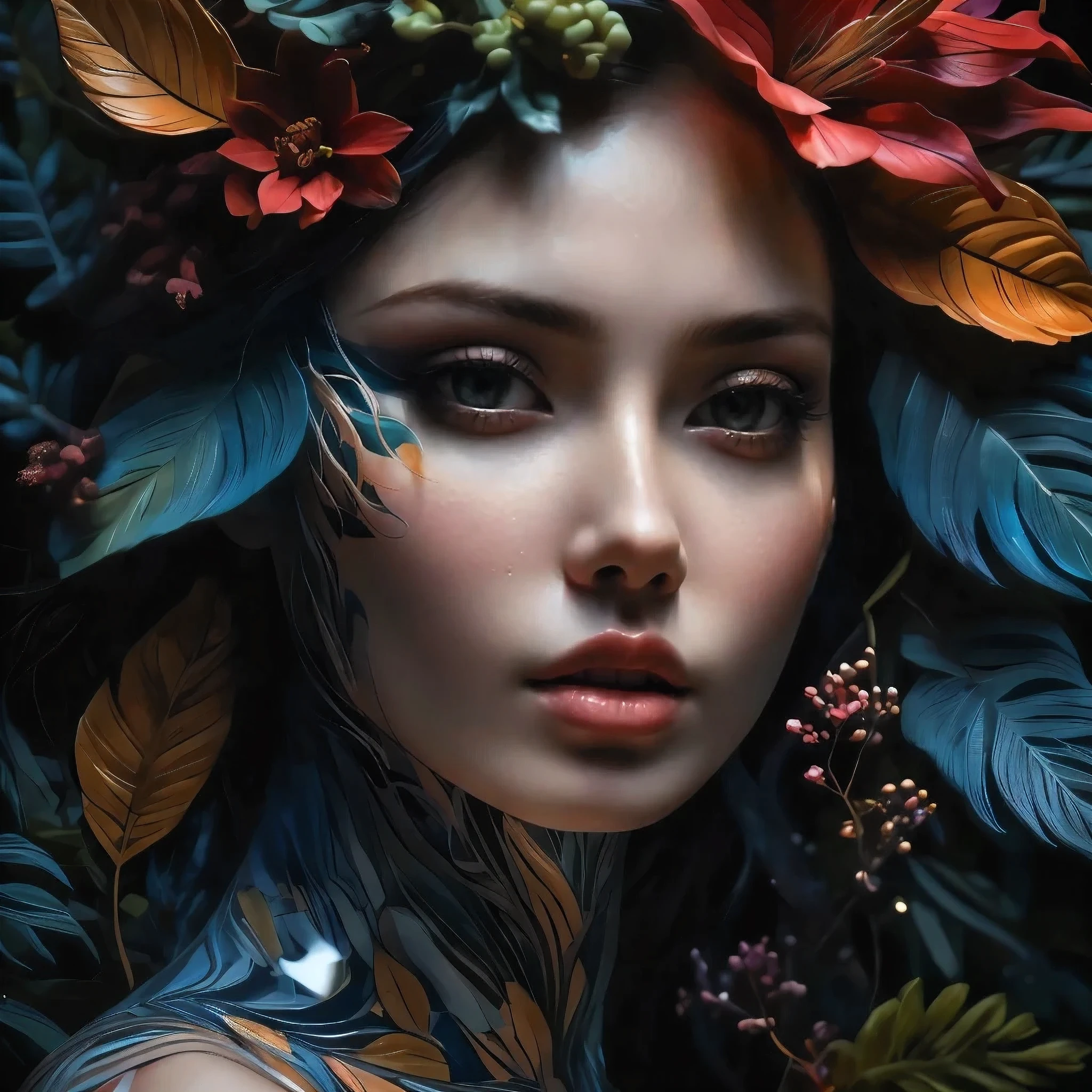 there is a woman with a flower crown on her head, beautiful fantasy portrait, beautiful fantasy art portrait, beautiful art uhd 4 k, beautiful digital artwork, fantasy portrait, fantasy art portrait, portrait of a dark fantasy nymph, hyperrealism. fantasy 4k, gorgeous digital art, beautiful digital art, stunning digital illustration, detailed matte fantasy portrait, beautiful gorgeous digital art
